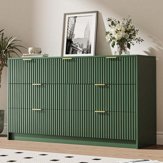 Green 7 Drawer Dresser for Bedroom, Modern Fluted Dresser with Gold Metal Handles, Wide Chest of Drawers for Bedroom, Living Room, Entryway, Hallway, 55.9" L x 15.7" D x 31.4" H