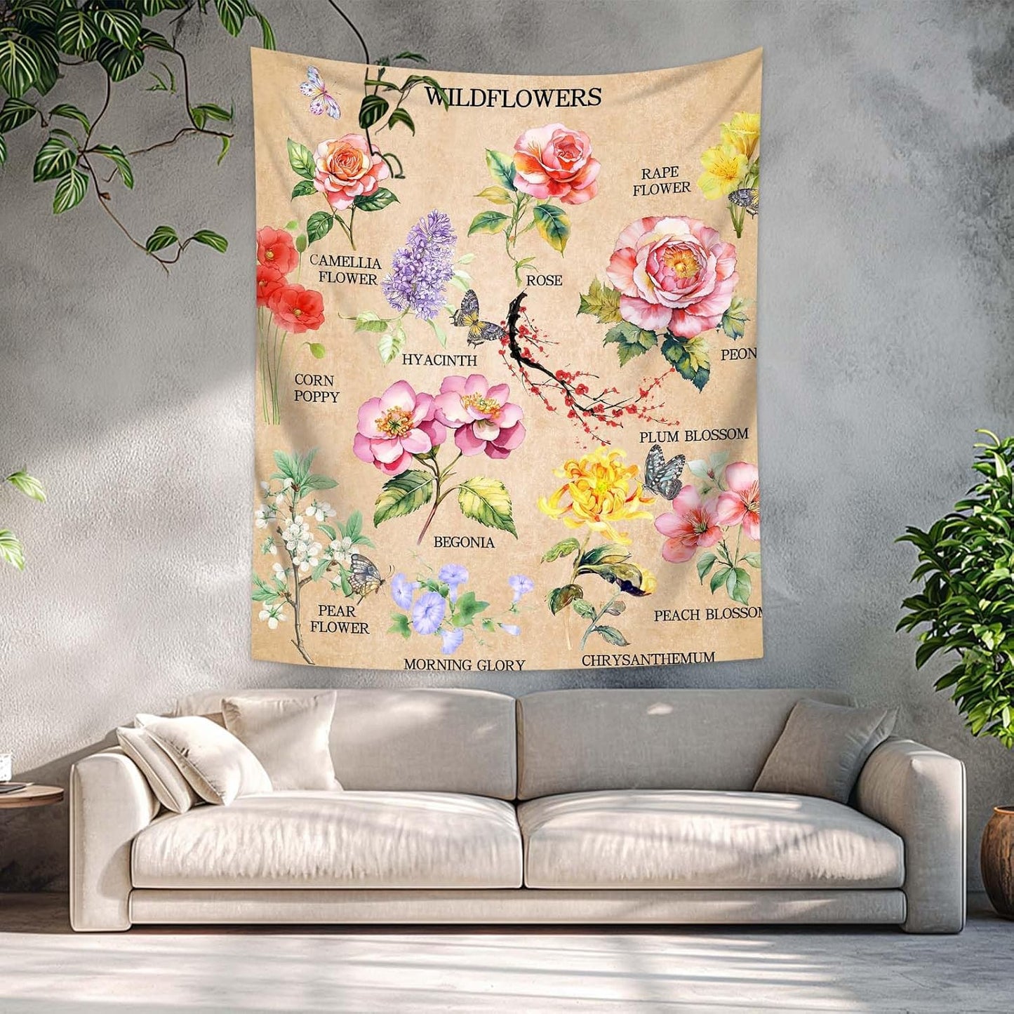 dueeia Vintage Floral Tapestry Wall Hanging Wildflowers Colourful Flower Boho Butterfly Tapestries for Bedroom Aesthetic Living Room Wall Decor (59.1"x51.2")