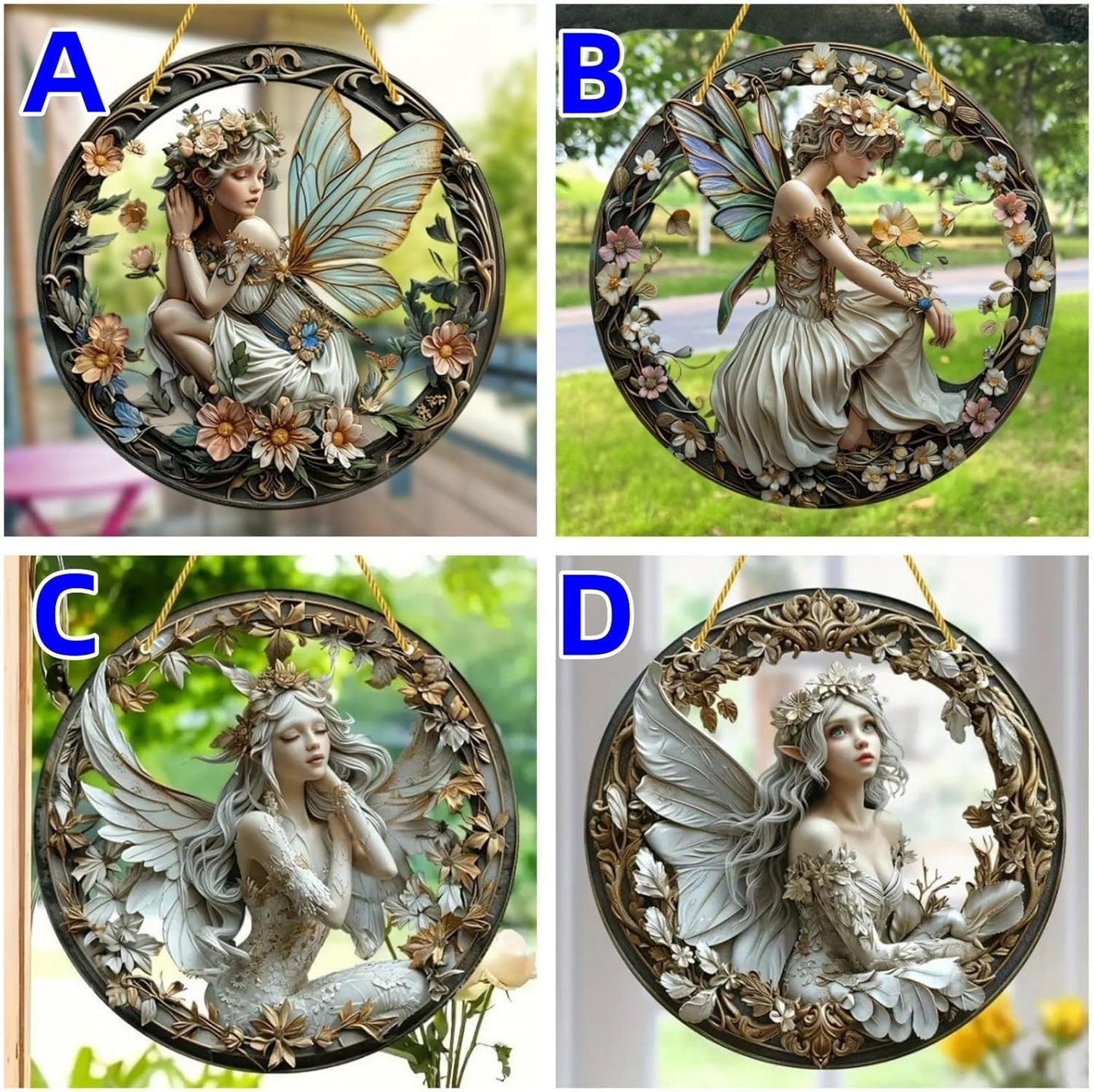 Flower Fairy Garden Decorations Angel Wing Christmas Halloween Deco Statue Art Elf Sculpture Hanging Craft for Outdoor Yard Courtyard Lawn Patio Window Acrylic Ornament Home Gift (D,L: 8*8 IN)