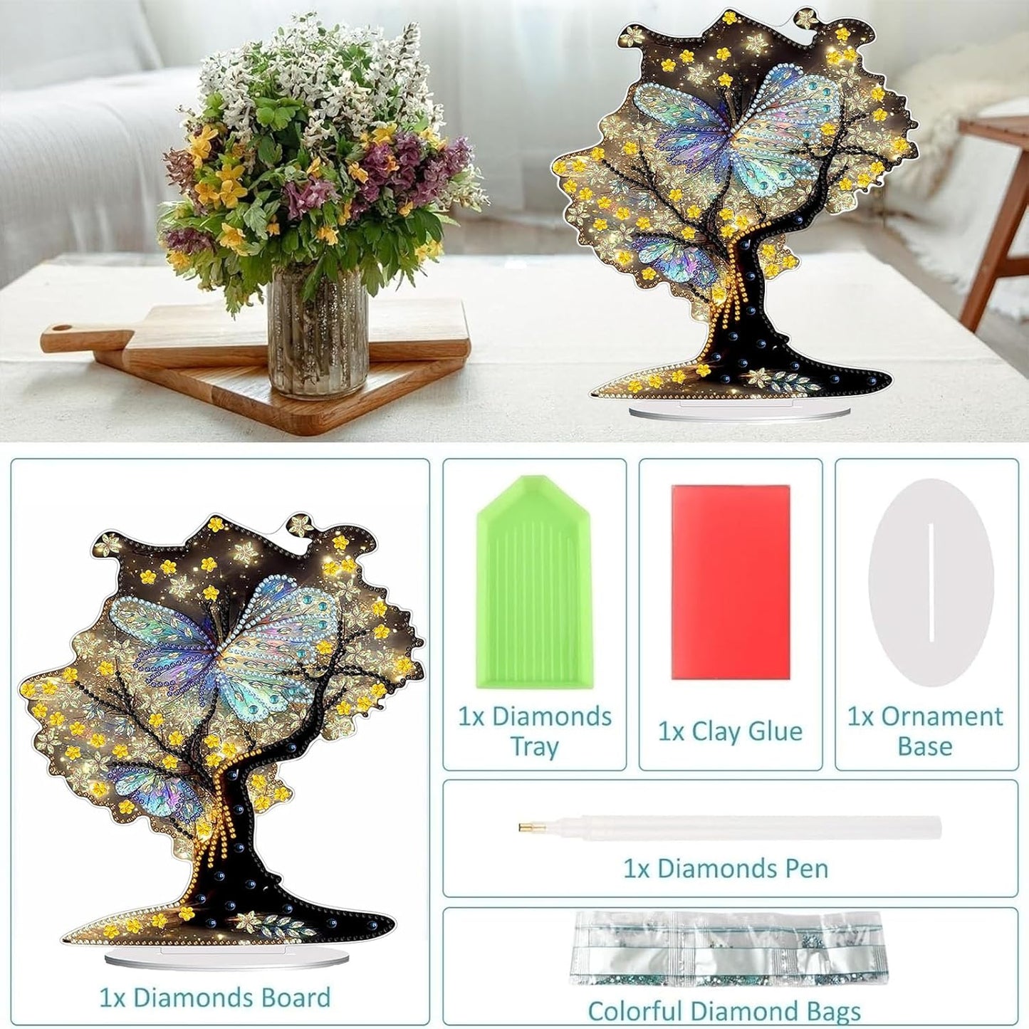 Diamond Painting Kits for Adults Beginners, 5D Full Drill Tree of Life Crystal Art Desktop Ornament, DIY Single Sided Home Office Desk Decor, Creative Craft Gift Set with Tools