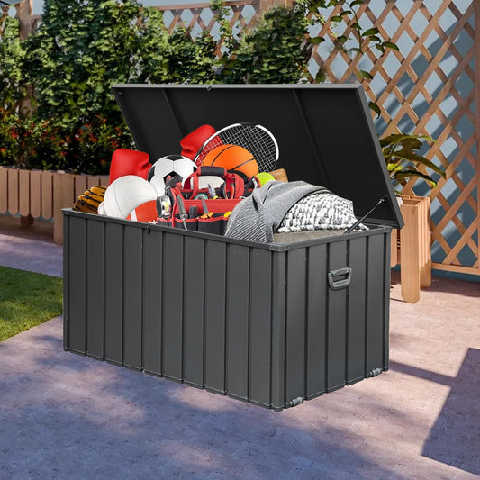 Domi 150 Gallon Deck Box, Outdoor Metal Lockable Storage Cabinet, Waterproof Steel Outdoor Bench with Lockable Lid, Side Handles & Rolling Casters for Outside Cushions, Pillows, Garden Tools, Grey