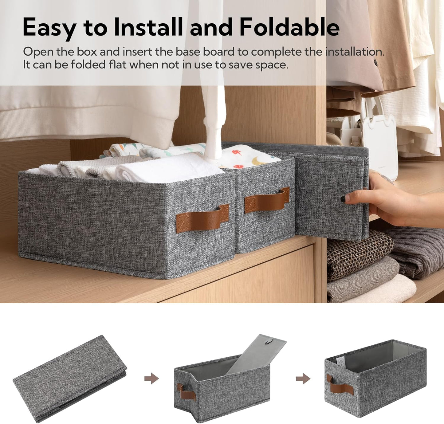 GRANNY SAYS Small Fabric Storage Bins with PU Handles, Storage Baskets for Shelves, Toilet Paper Storage, Narrow Baskets for Organizing DVD, Photos, Clothes, Diaper, Sock, Cd, 3-Pack, Gray