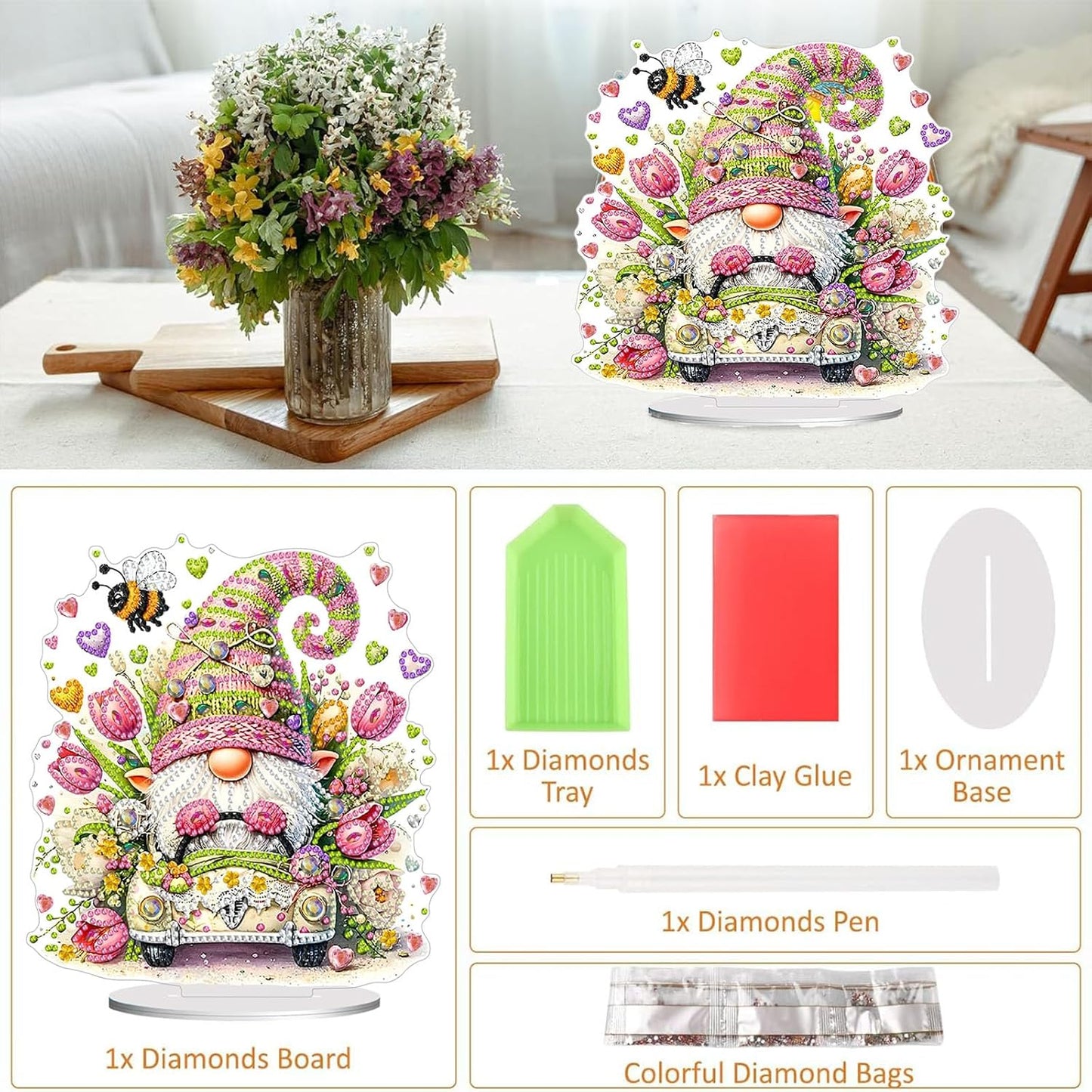 Diamond Painting Kits for Adults Beginners, 5D Full Drill Dwarf Crystal Art Desktop Ornament, DIY Single Sided Home Office Desk Decor, Creative Craft Gift Set with Tools