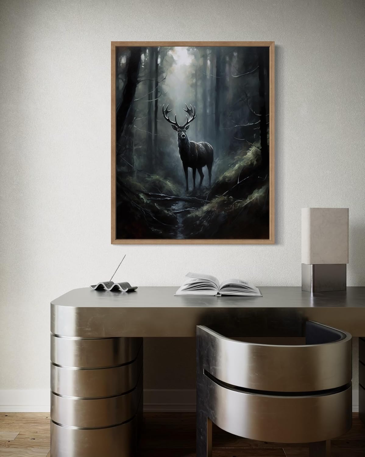 Deer in Forest Poster Art Print, Halloween Scary Vintage Wall Art Academia Spooky Painting Decoration for Horror Prints, Gothic Posters Bedroom Decor 89 (Deer in Forest, 16 x 20 inches, Wood Frame)