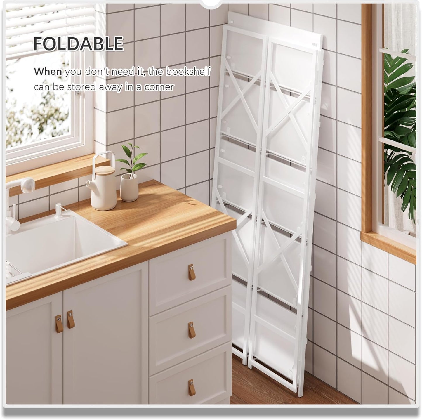 4NM 6 Tiers No Assembly Book Shelves, 61.8" H Folding Bookshelf Bookcase Open Industrial Foldable Shelves for Bedroom, Living Room, Home Office - All White