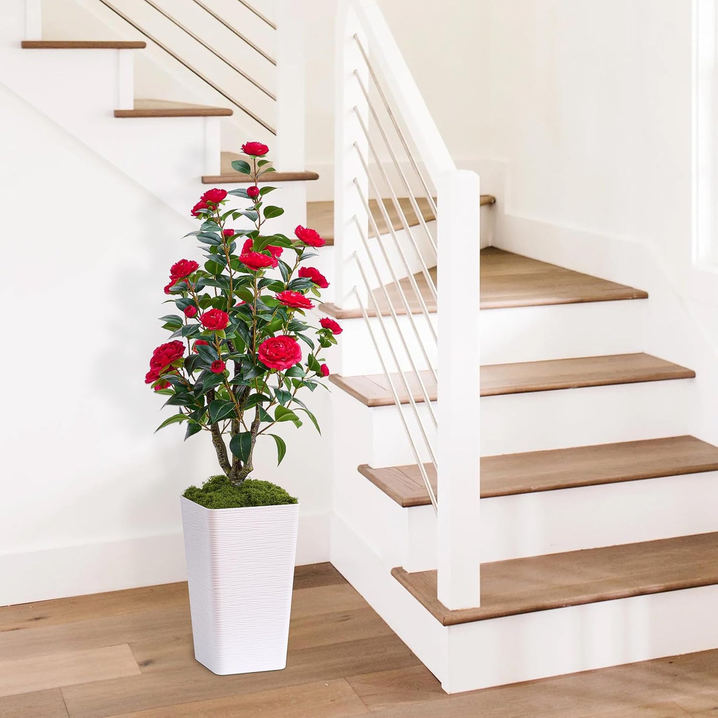 Artificial Camellia Tree 4FT Faux Trees Indoor Fake Floral Plant Blooming Tree with Red Flowers & White Tall Planter, Faux Camellia Plants for Porch Home Room Bedroom Office Front Door Outdoor Decor