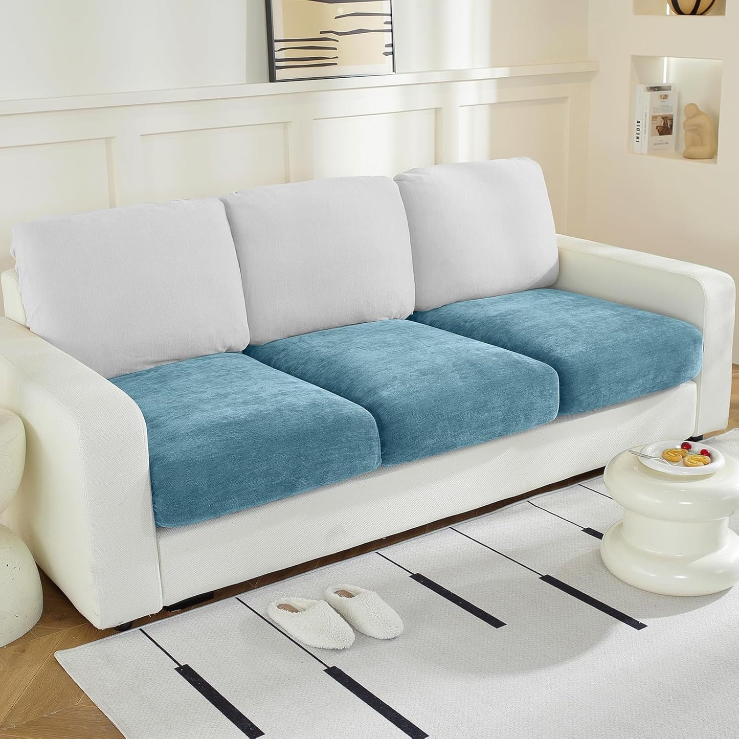 Couch Cushion Covers Individual Large Super Stretch Chenille (Softer Version) Sofa Cushion Covers, Couch Seat Covers Couch Slipcovers Furniture Protector (3PC, Blue)