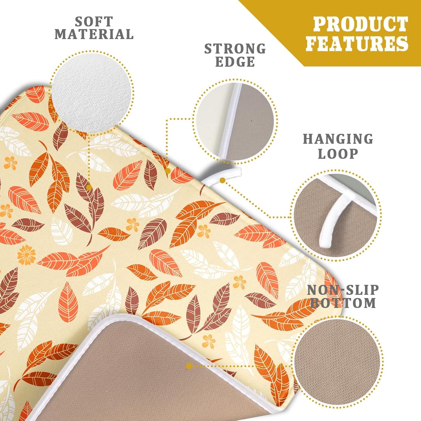 Fall Leaves Dish Drying Mat for Kitchen Counter Autumn Orange White Leaves Seasonal Super Absorbent Reversible Microfiber Kitchen Countertop Protector Dishes Pad Small 16x18 inch