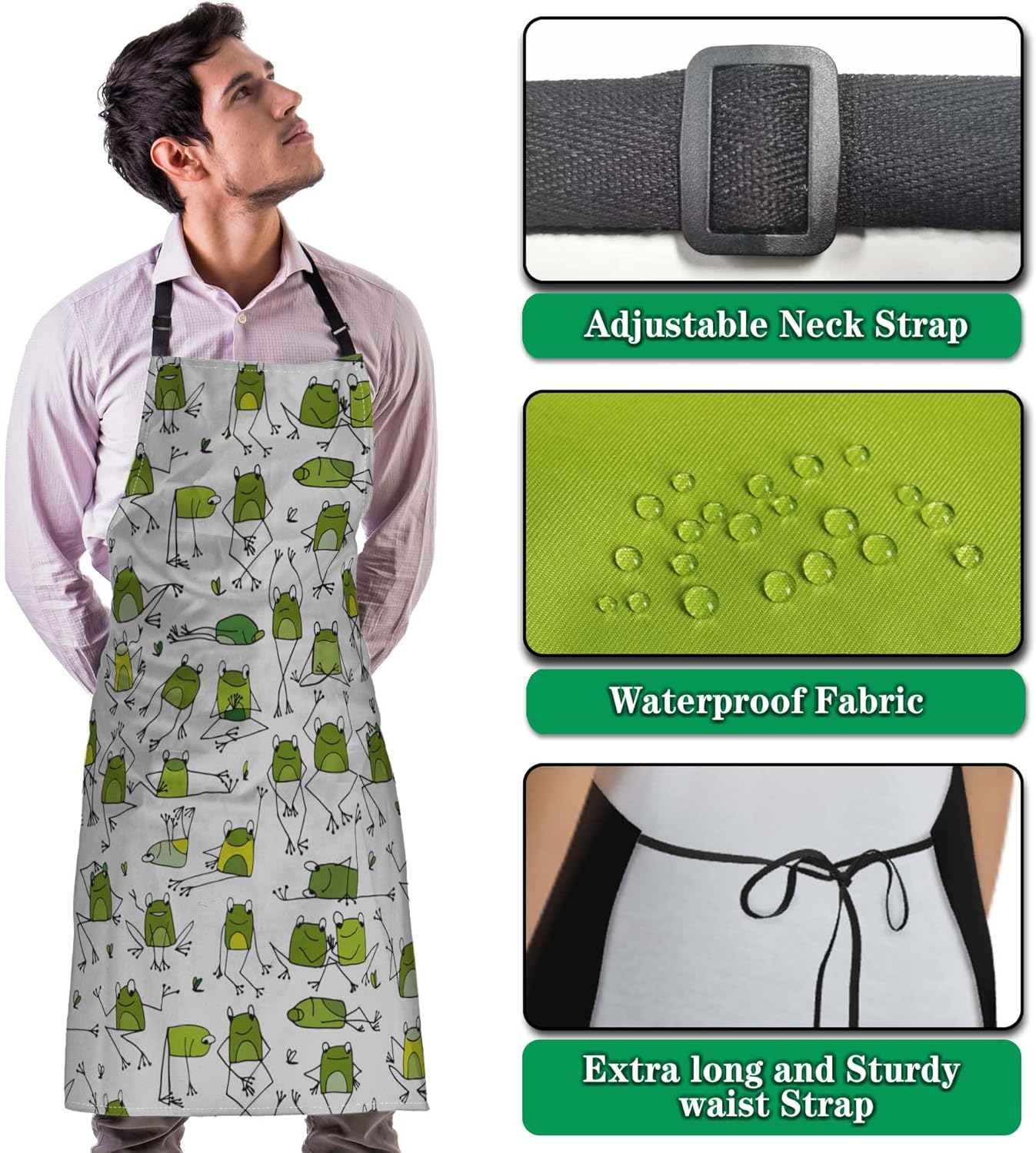 Garden Apron for Women Green Frogs Mans Aprons for Grilling for Kitchen Cooking Restaurant BBQ Painting Crafting Gardening 27” (W) x 31” (H), Waterproof Apron