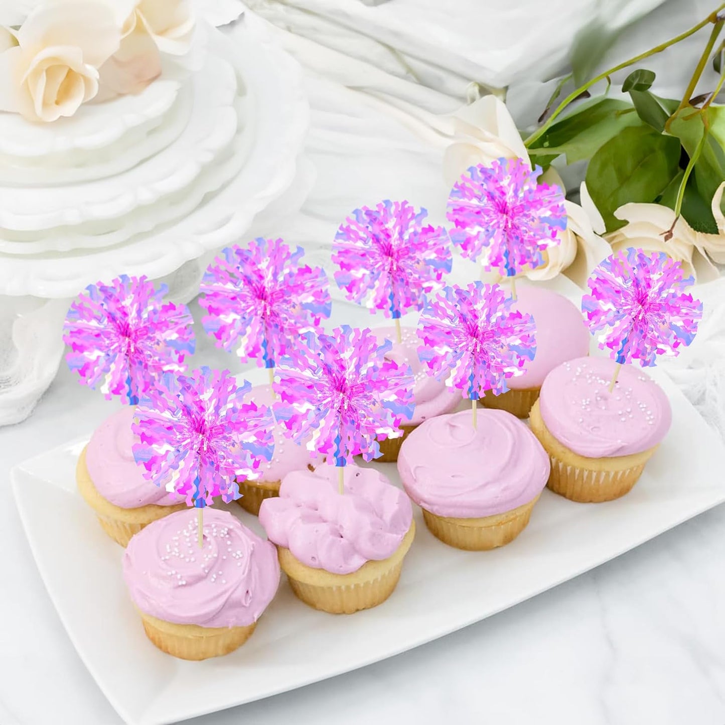 Ephlyn 30Pcs Foil Firework Cupcake Toppers Happy Birthday Cake Toppers Tinsel Flower Drink Stirrers Cocktail Food Fruit Toothpicks for Valentine's Day Party Decorations Rose Red