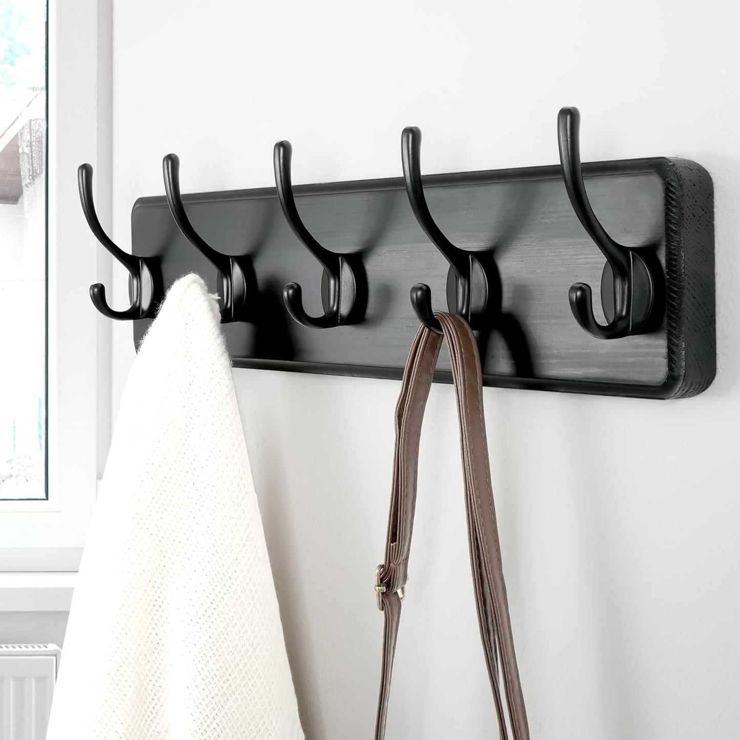 Dseap Wall Mounted Coat Rack: Patented, Heavy-Duty, 17.4" Long 5-Double-Hooks Wooden Hanger Rail for Winter Coats, Hats, Jackets, Clothing - Black, Pack of 2