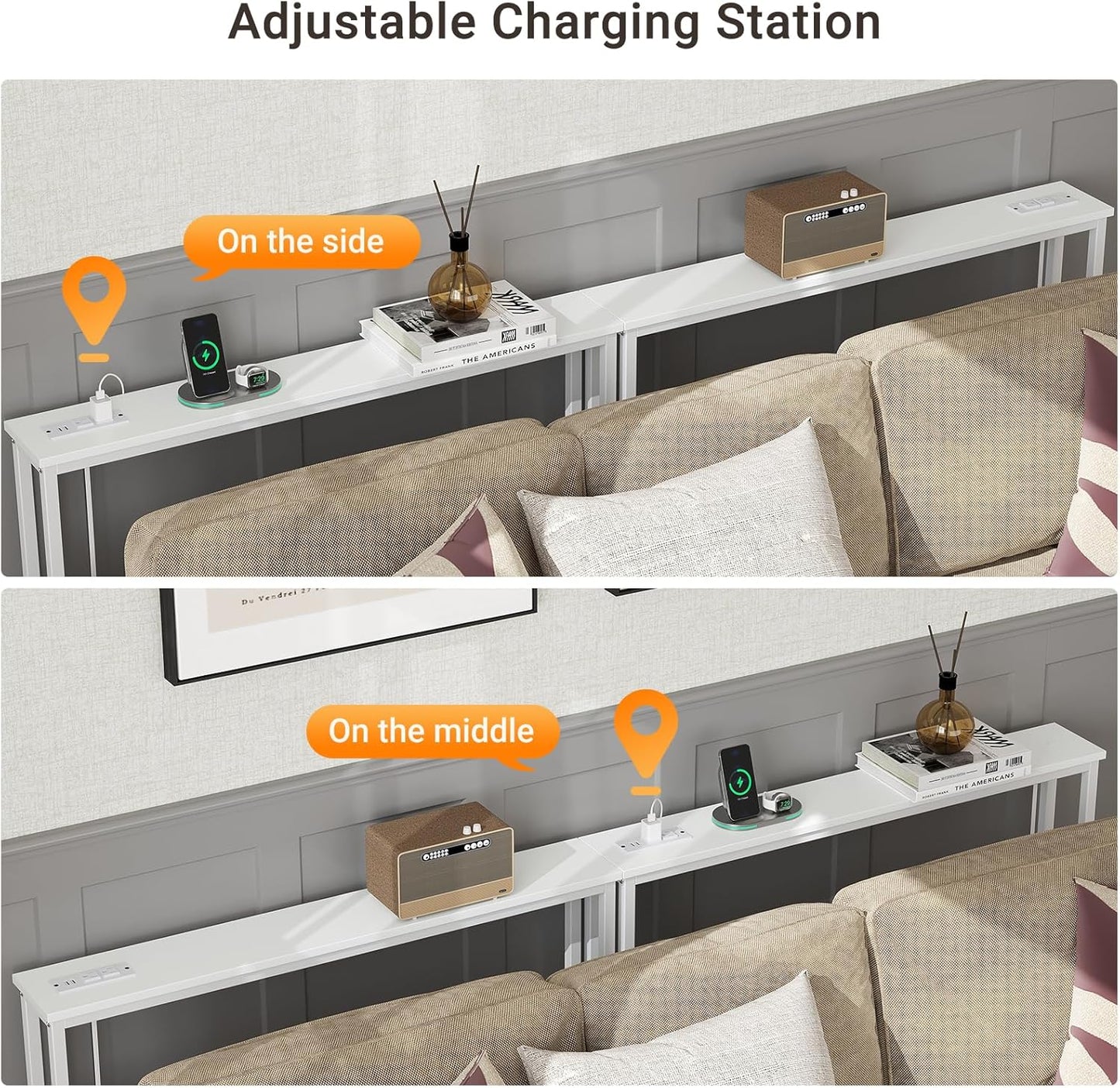 ELYKEN 2 Pack 5.9" Narrow Console Sofa Table with Power Outlets, 5.9" Dx39.4 Wx31.1 H Long Couch Table with Metal Frame and Charge Station with 6.5’ Extension Cord, White