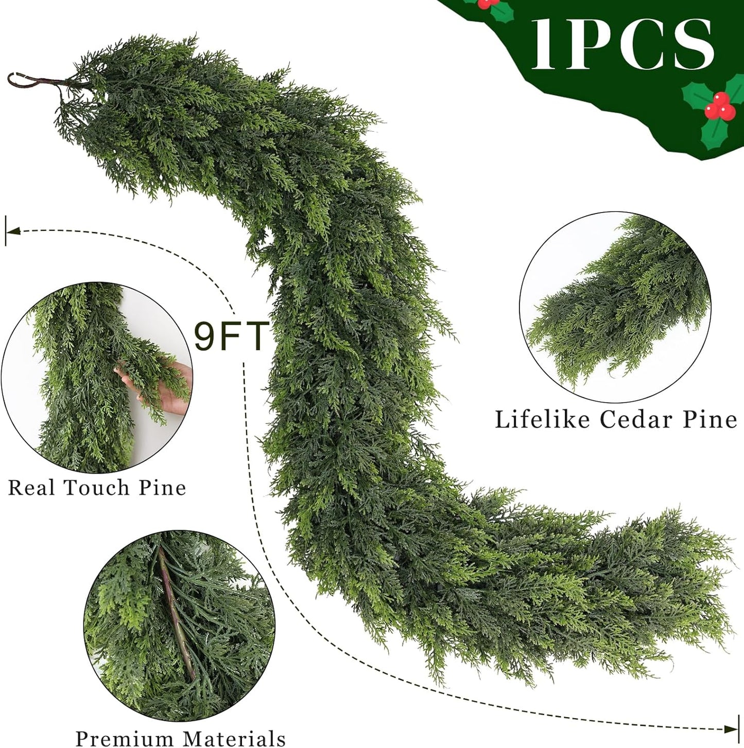9FT Real Touch Cedar Garland - Artificial Christmas Garland Fake Green Faux Thick and Lush Pine Needles Garlands for Table Fireplace Mantle Holiday Home Indoor Outdoor Decor (1PCS)
