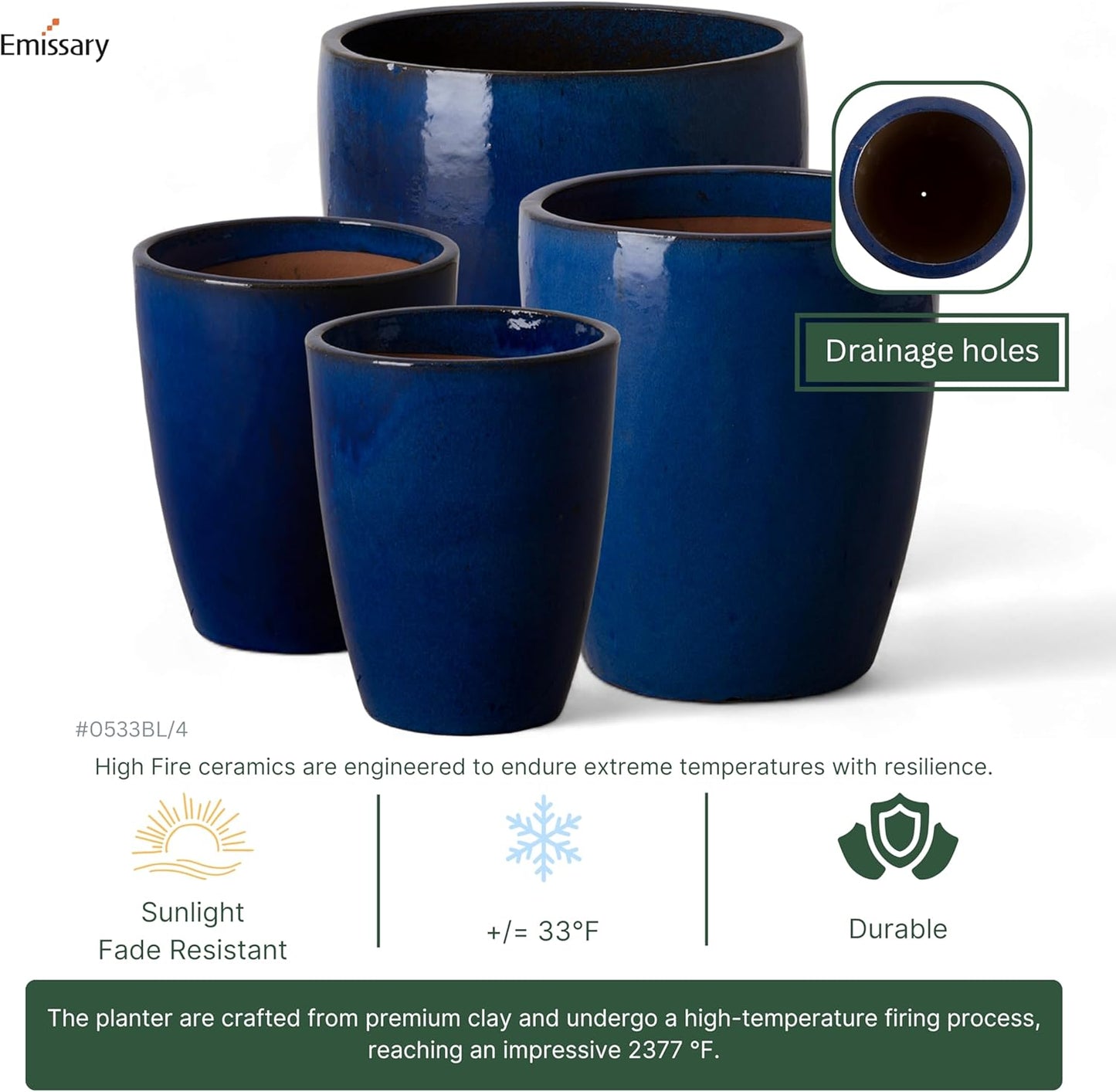 Emissary Bullet 9.5 in. Blue Ceramic Round Planter (9.5 in. L x 9.5 in. W x 12 in. H) with Drainage Hole