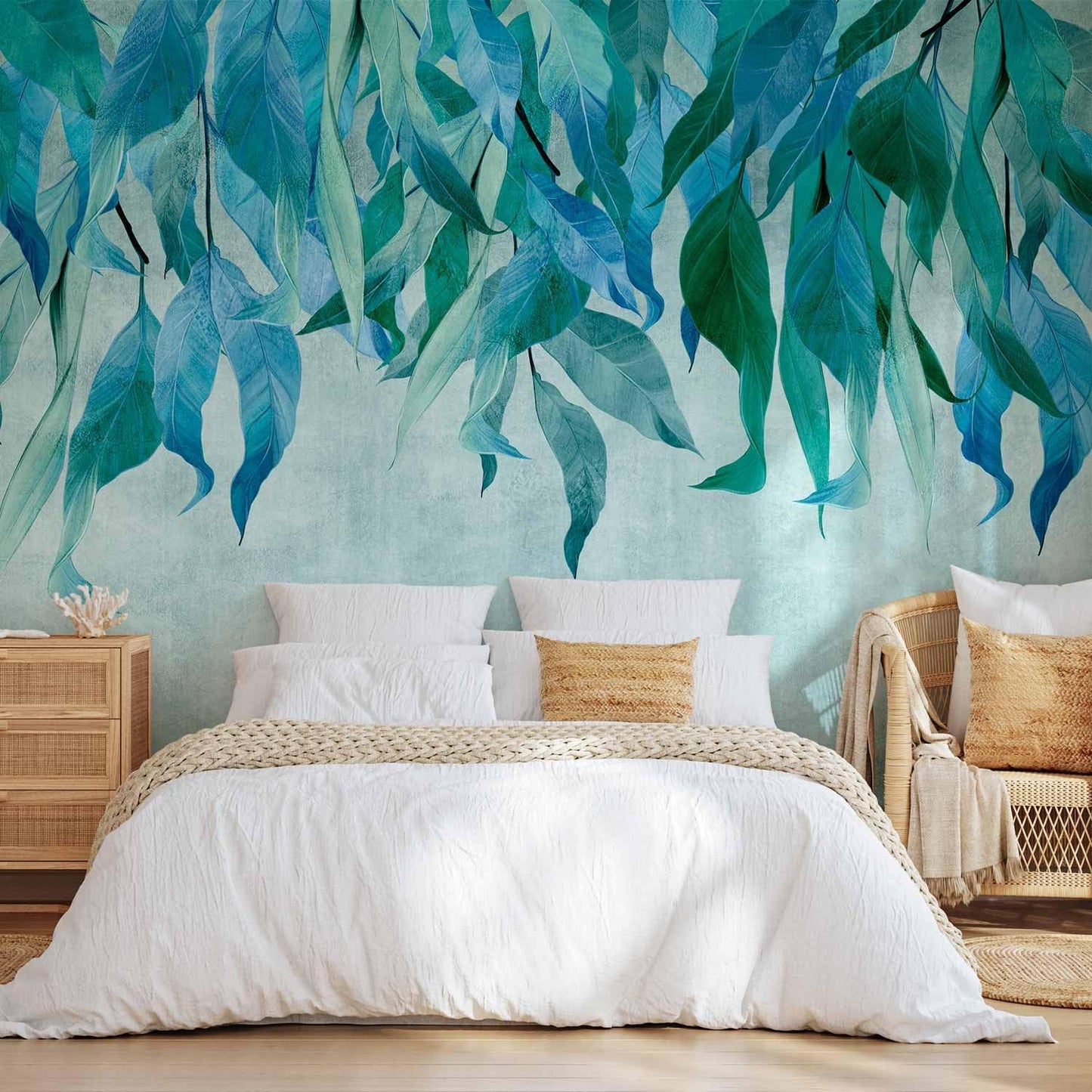 artgeist Wall Mural Hanging Leaves 135x101 in - Peel and Stick Self-Adhesive Wallpaper Removable Large Sticker Foil Wall Decor Print Picture Image Design Nature Botanical Concrete Green b-C-10146-a-b