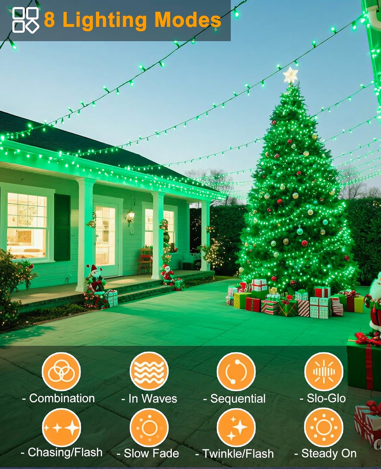 197FT 600 LED Christmas Lights Outdoor, Plug in Christmas Tree Lights 8 Modes, Waterproof Green Wire String Twinkle Lights for Indoor Bedroom House Patio Garden Party Holiday Decorations, Green
