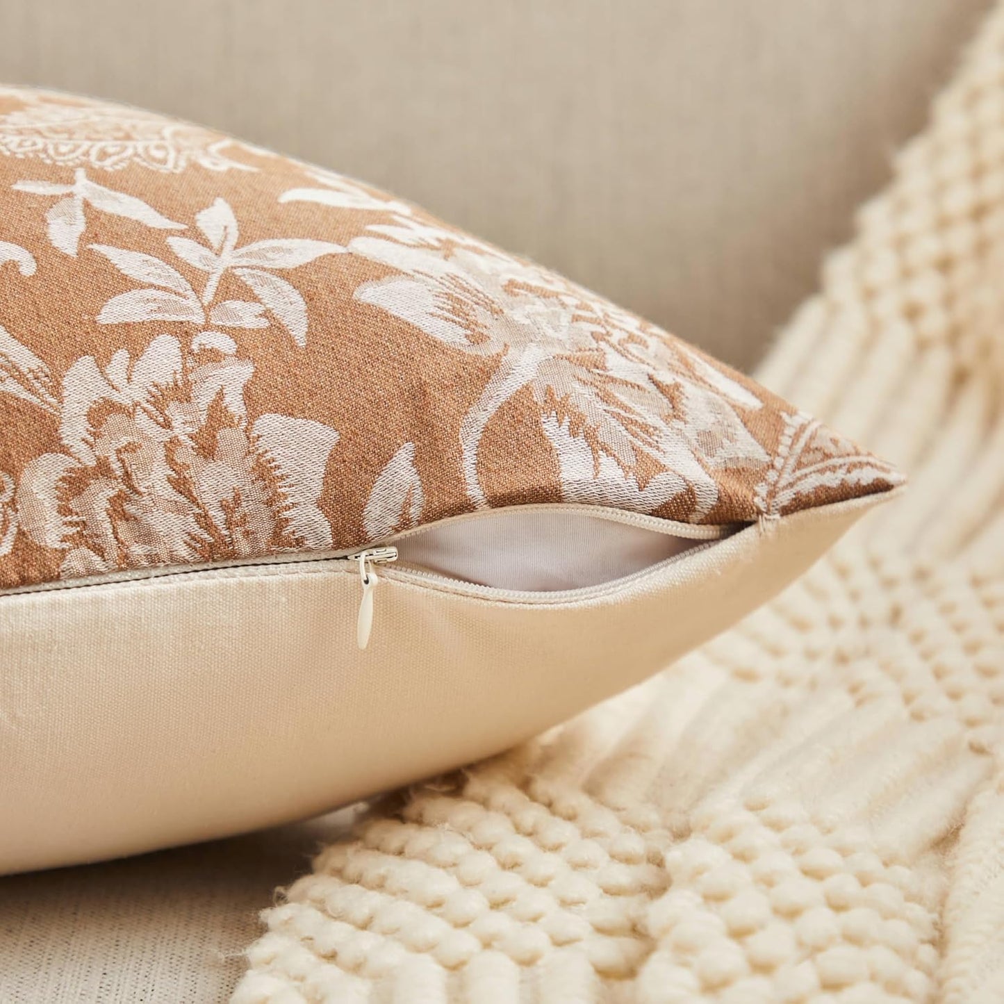 Floral Jacquard Throw Pillow Covers Set of 2, Background/Caramal 18x18 Inch, Farmhouse Decorative Cotton Caramal Cushion Covers for Sofa Bed Living Room Home Decor