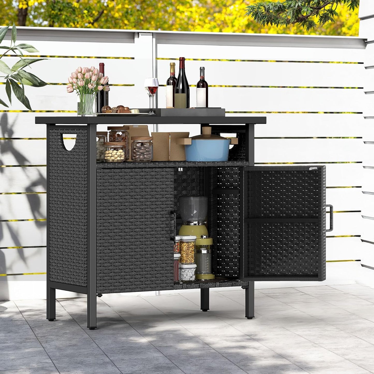 DWVO Patio Storage Cabinet, Outdoor Buffet Cabinet with Two Doors and Shelves, Outdoor Storage Bar Table with PE Rattan for Patio, Backyard, Garden - Black