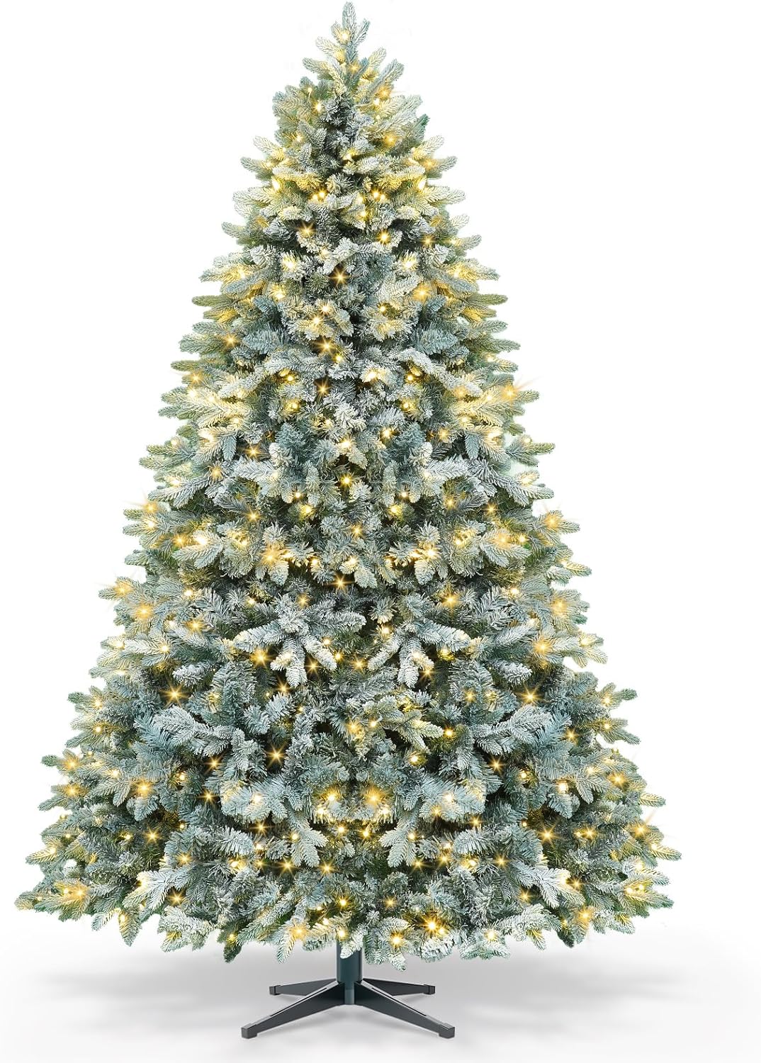 6.5ft Pre-lit Artificial Christmas Tree with Remote, Snow Flocked Xmas Trees Rotating & Foldable Stand, RGB & Warm White Light for Home Decor