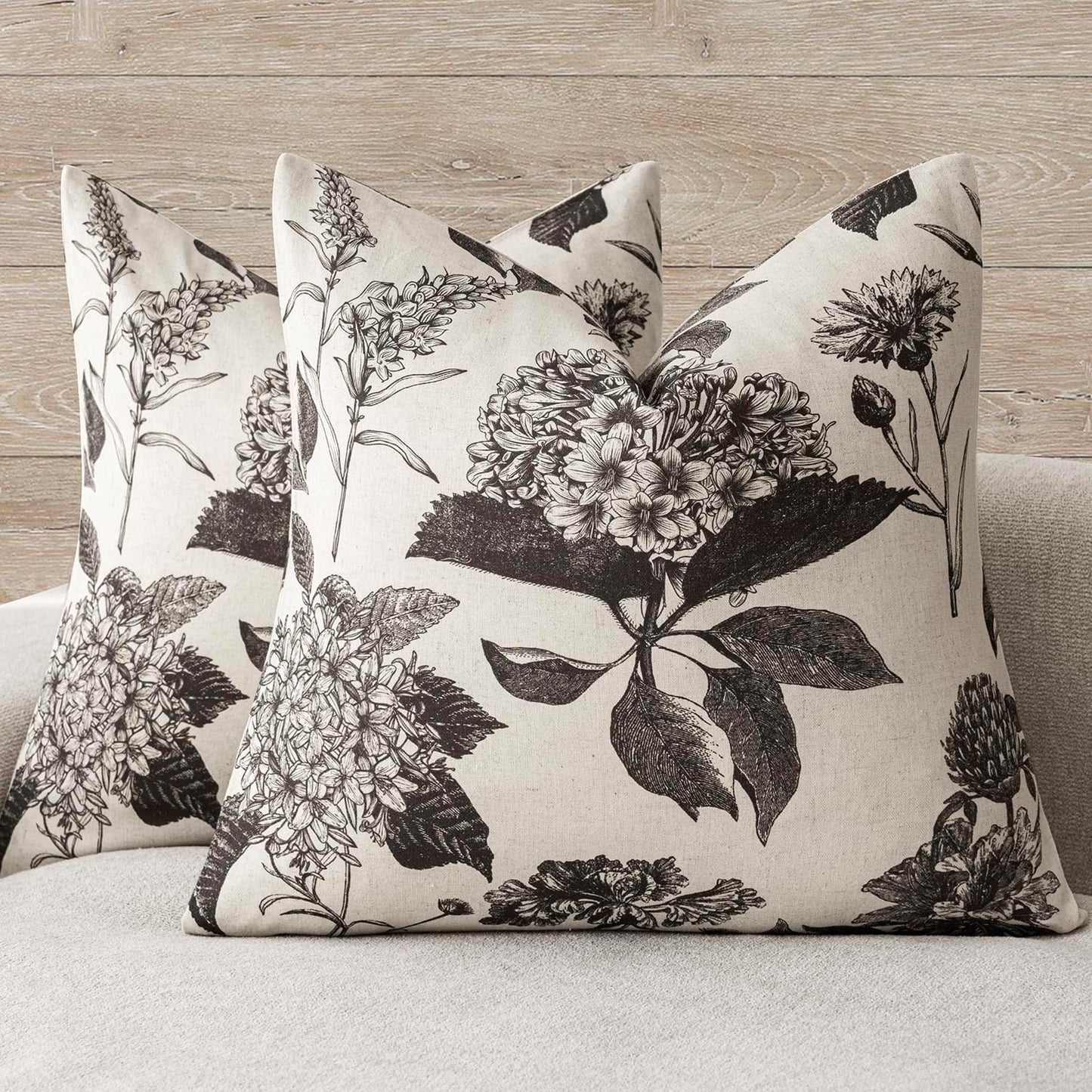 Foindtower Set of 2 Linen Floral Vintage Throw Pillow Covers Neutral Accent Print Decorative Cushion Covers Farmhouse Boho Home Decor for Sofa Chair Couch Bedroom Living Room Outdoor,22×22 Inch,Black