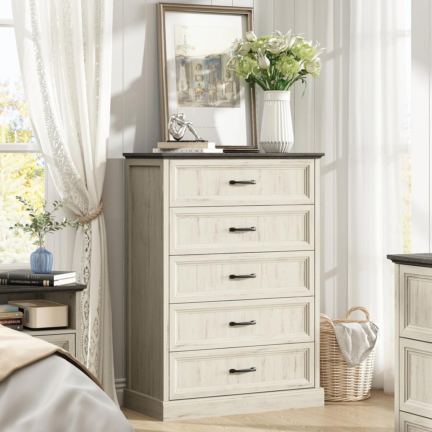 Farmhouse 5 Drawers Dresser for Bedroom, 44" Tall White Dresser Wood Rustic Chest of Drawers with Wide Metal Handle,Natural Texture,Drawer Organizer for Bedroom,Living Room,Hallway and Entryway