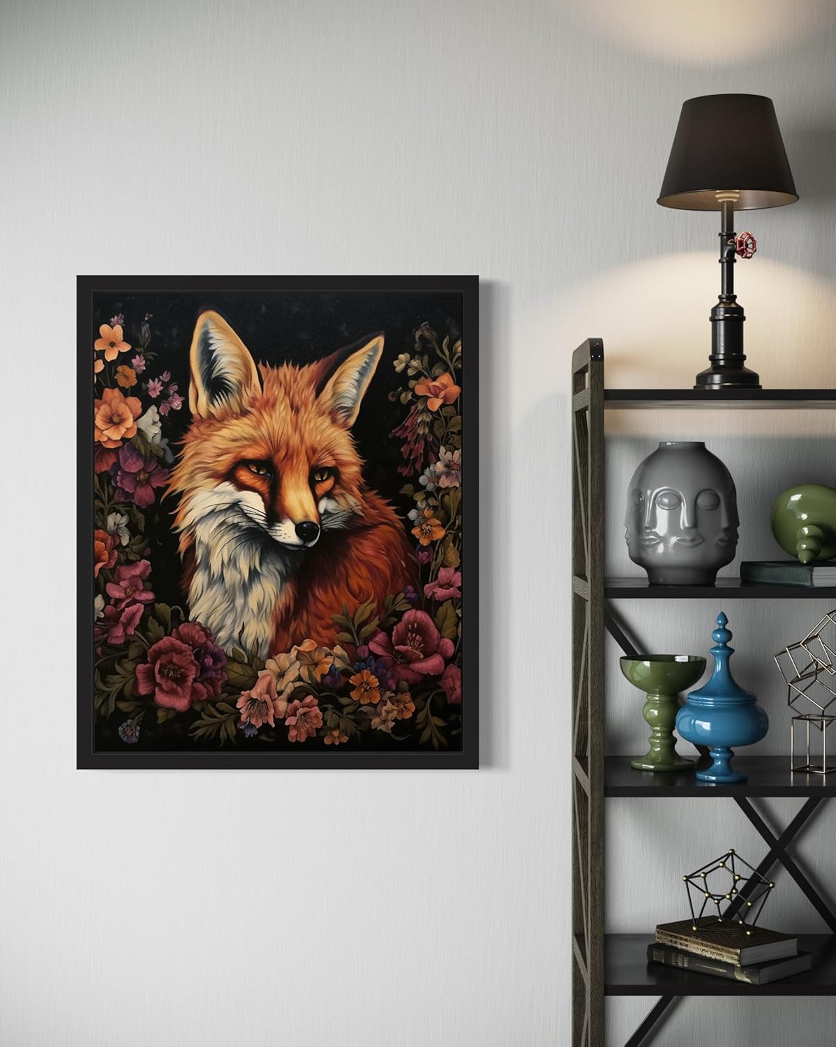Fox and Flower Poster Art Print, Halloween Scary Vintage Wall Art Academia Spooky Painting Decoration for Horror Prints, Gothic Posters Bedroom Decor 89 (Fox and Flower, 11 x 14 inches, Black Frame)