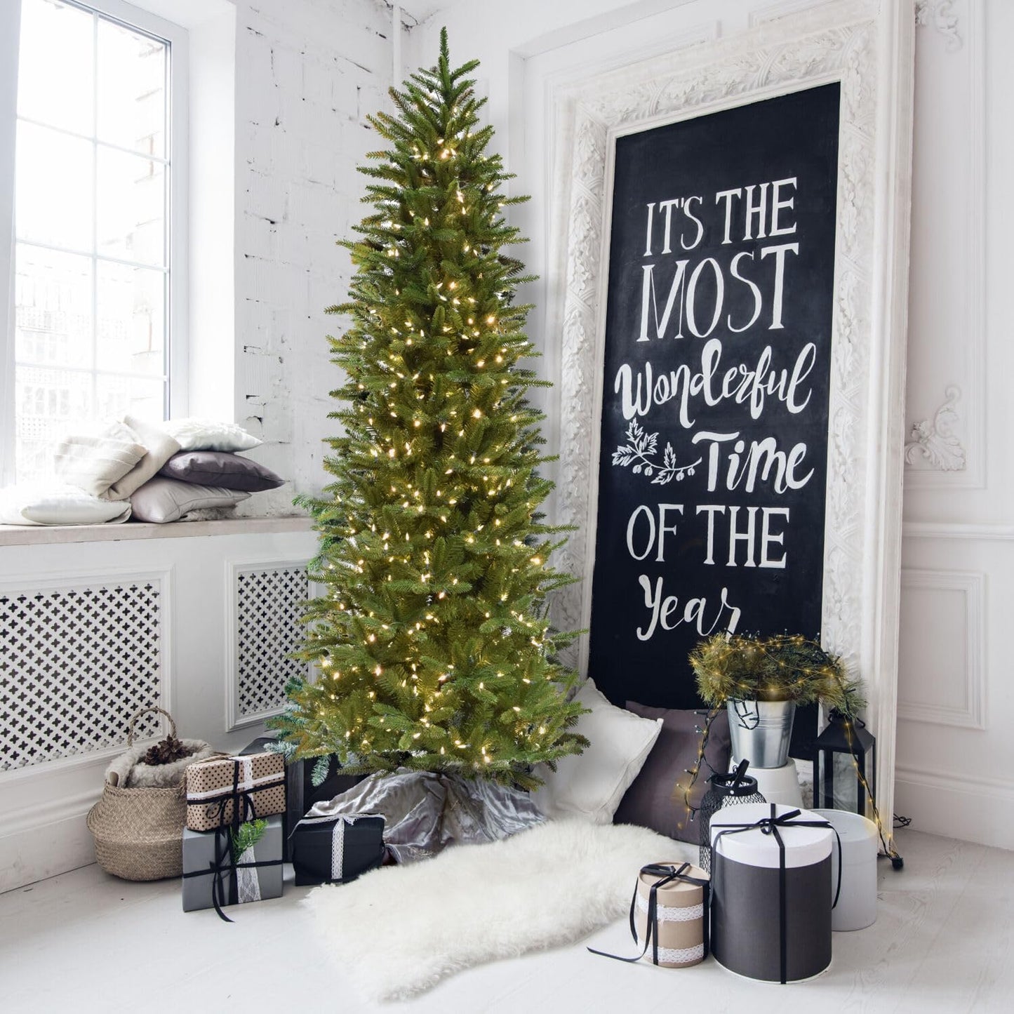 Fraser Hill Farm 7.5-Ft. Carmel Pine Slim Artificial Christmas Tree with Warm White LED Lights and Stand, Prelit Foldable Fake Tree with Realistic Foliage for Home Decoration