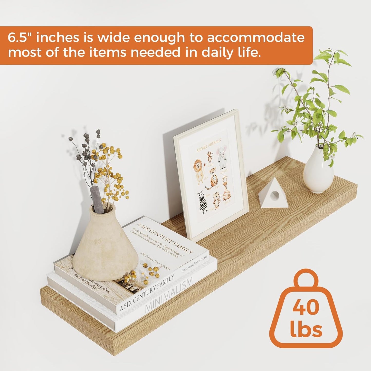 Fun Memories Floating Shelves for Wall, 24" Rustic Wood Deep Wall Mounted Shelves with Invisible Brackets for Decor & Storage, Floating Shelf for Living Room, Bathroom (Oak, Set of 2)