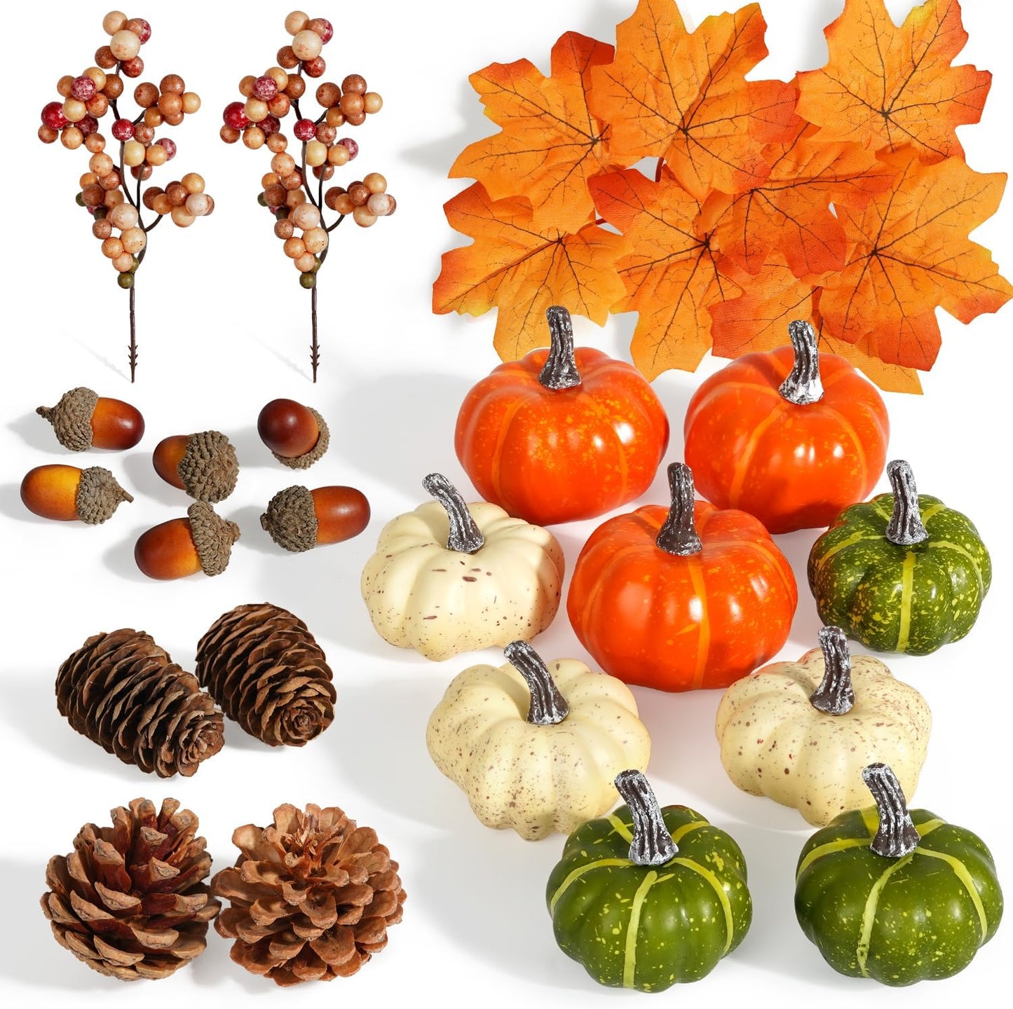 Artmag Pumpkin Decor Set, 25 PCS Fall Artificial Maple Leaves, Harvest Pumpkins, Acorns, Pine Cones and Orange Berry Stems Decorations for Fall Thanksgiving Table Decor
