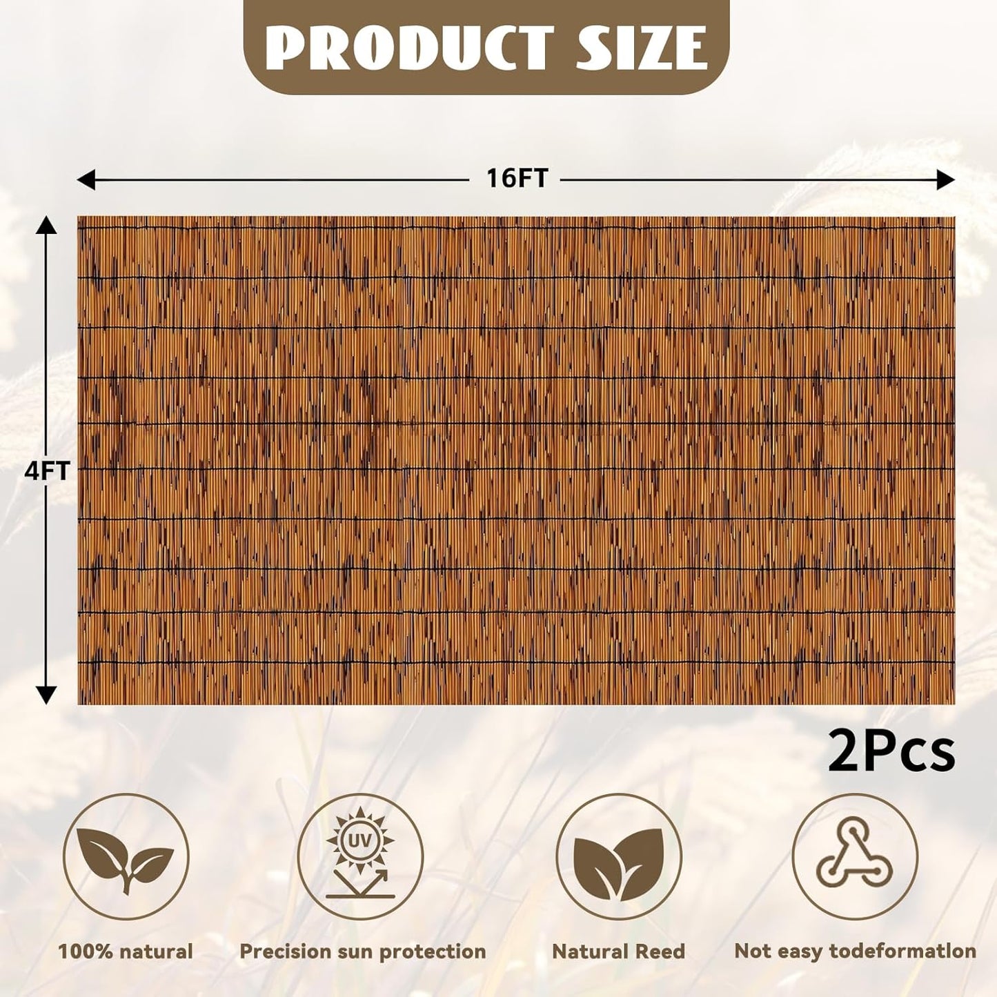 Bamboo Reed Fencing, Light Russet Bamboo Fence Rolls 4 Feet High, Decorative Reed Screen Privacy Curtains for Patio Balcony Garden Backyard Outdoor, 4 x 16 FT (2 Pcs)
