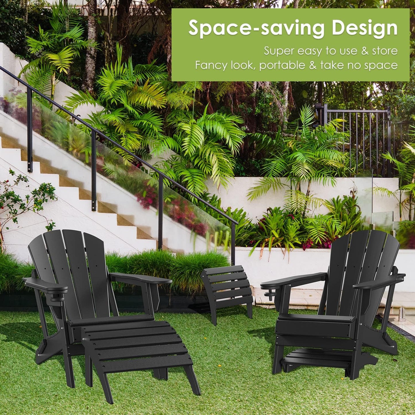 GREENVINES Adirondack-Ottoman | HDPE Plastic | Outdoor Footrest | All Weather | Foot Rest | Foot Stool | Black | for Adirondack Chair | for Patio Backyard Pool