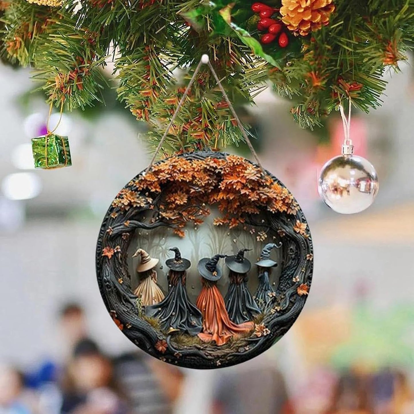 Fanyil/Olygee/Sherum/Shirem/Pubyfun/Glosrity/Libilin/Graddi/Solymody/Gowebs/Goredny/Vianys Witching Hour, Door Way Hanging Decor Halloween, 2D Wooden Round Witches Sign (C, ‎7.87")