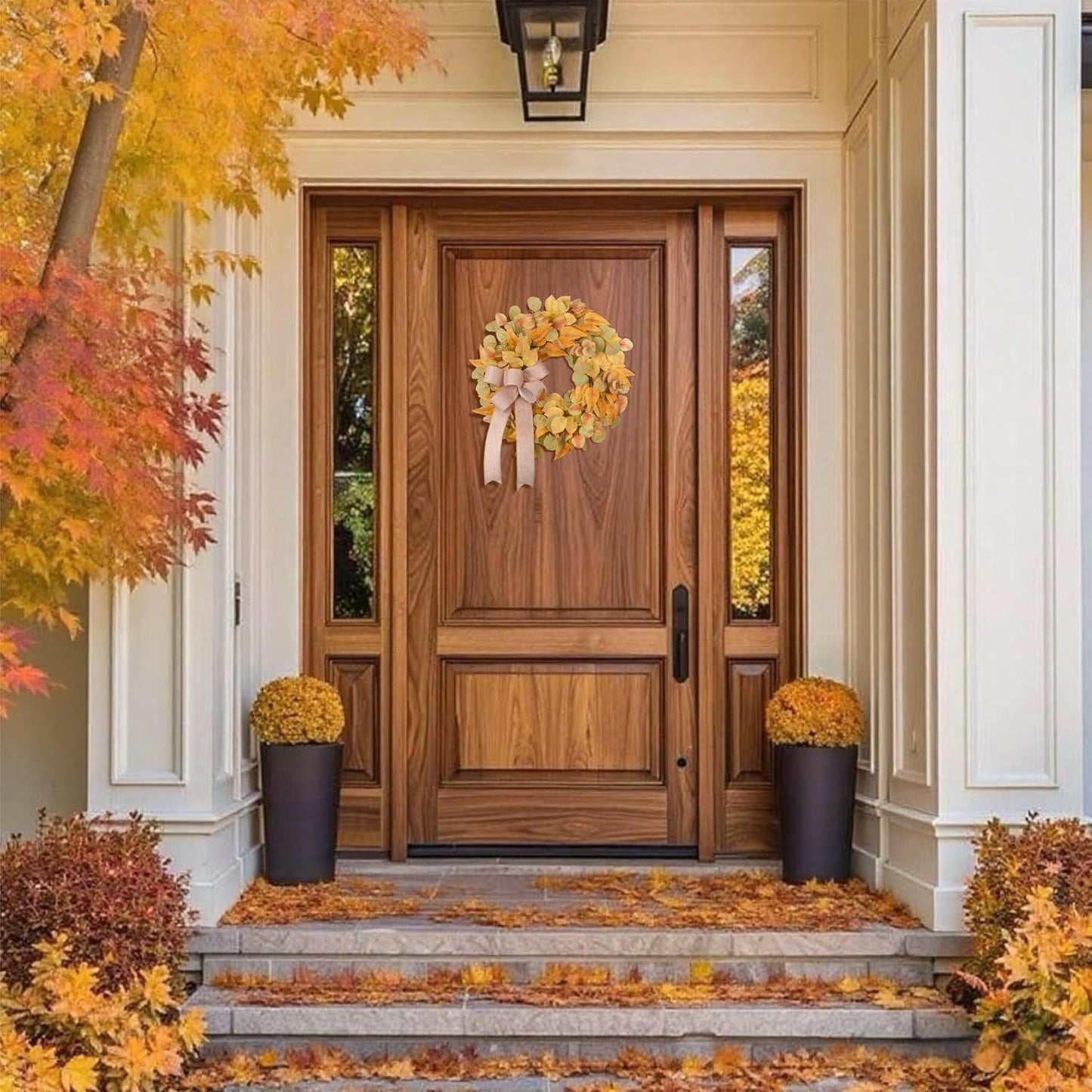 Fall Wreath for Front Door 24 Inch, Autumn Colored Faux Leaves Wreath with Bow, Simple & Minimalist Fall Decoration for Home Farmhouse Door Wall Window Indoor/Outdoor