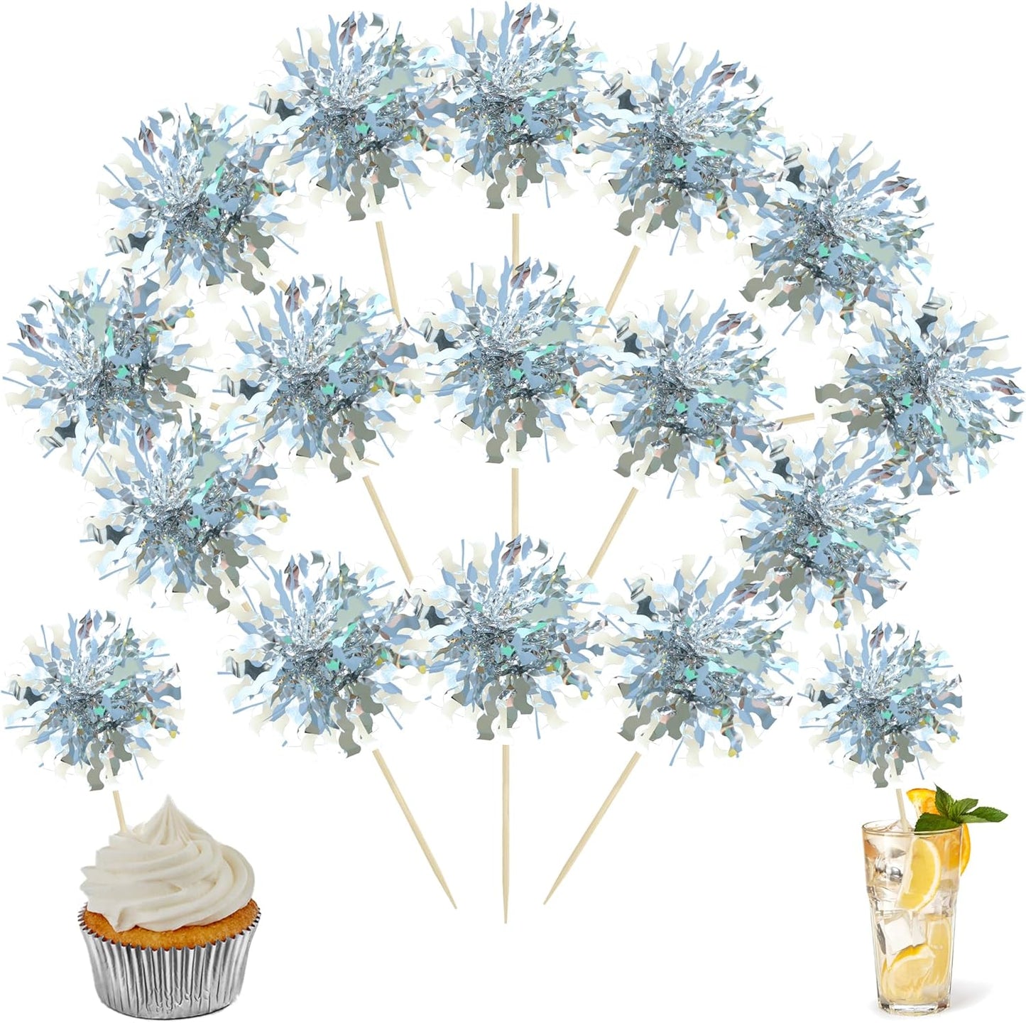 Ephlyn 30Pcs Foil Firework Cupcake Toppers Happy Birthday Cake Toppers Tinsel Flower Drink Stirrers Cocktail Food Fruit Toothpicks for Valentine's Day Party Decorations Silver