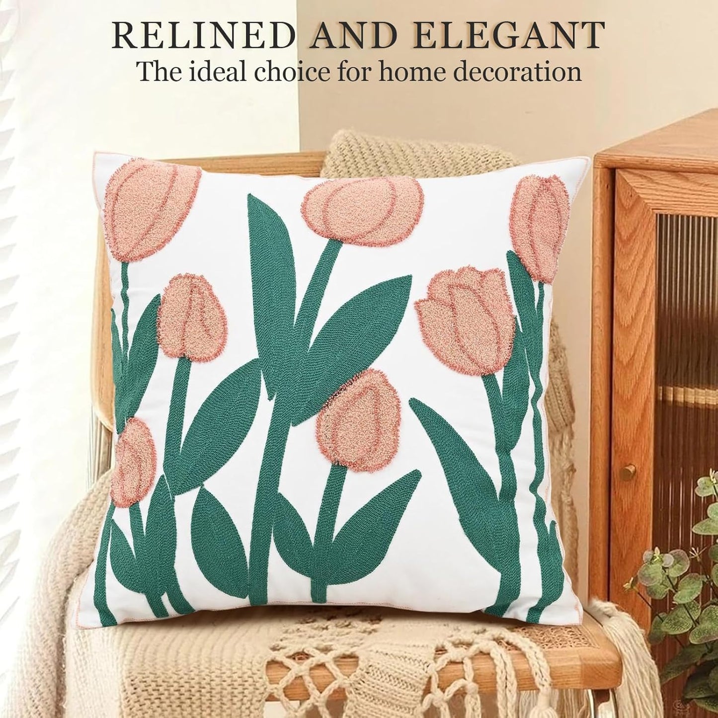 Embroidered Floral Pillow Case Spring Romantic Flower Throw Pillow Cover Soft Decorative Cushion Covers for Bed Sofa Living Room Pink Tulip