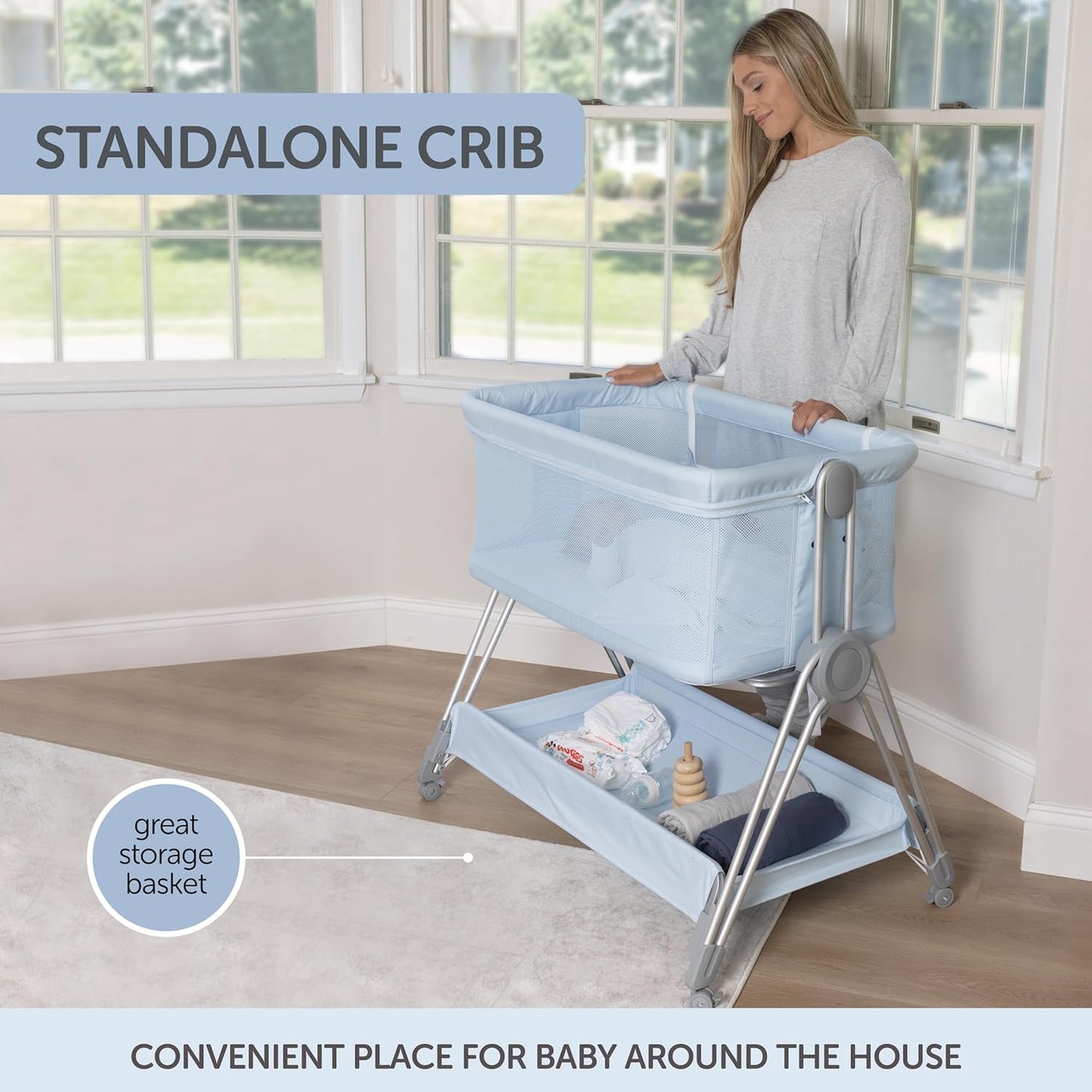 Baby Bedside Sleeper - Bassinet & Bedside Crib with Height Adjustment & Wheels - Can Be Placed Next to Bed - Attaches to Parents Bed - Easy to Fold & Carry Bassinet for Boys (Blue)