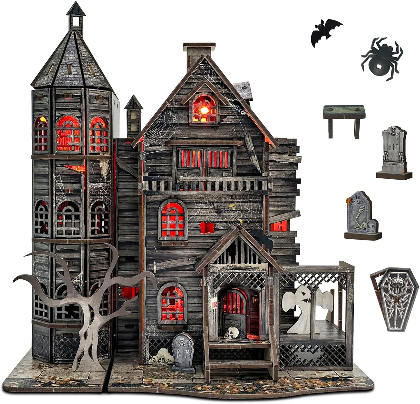 DIY Mini House Kit, Miniature Haunted House Kits with LED Accessories Furniture, 3D Wooden Puzzles for Adults, Dollhouse Craft Gifts for Girls, Boys, Teens