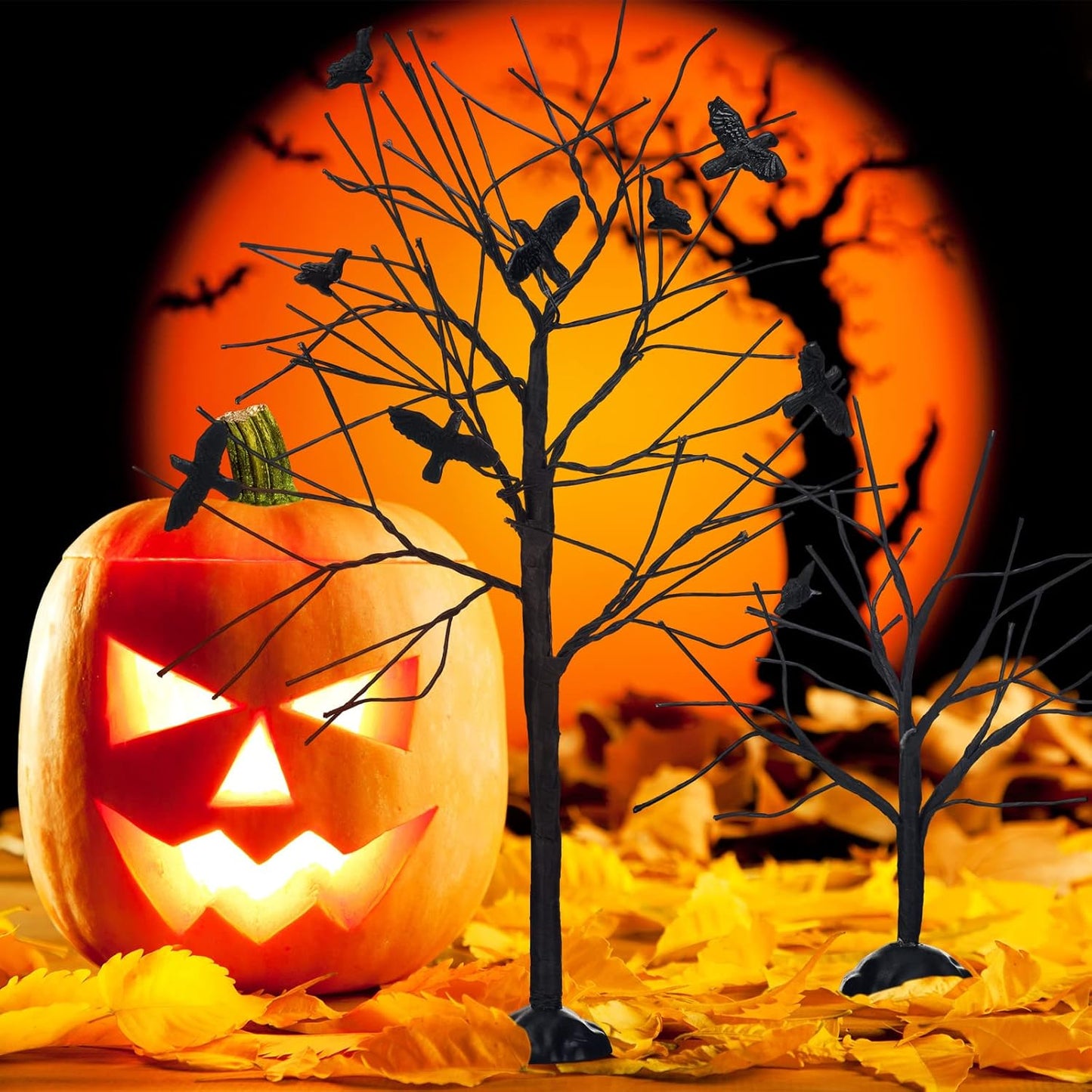 Amyhill 2 Pcs Halloween Village Trees With Black Crows - Artificial Bare Branch Tree Figurine Set for Home Decor and Village Accessories