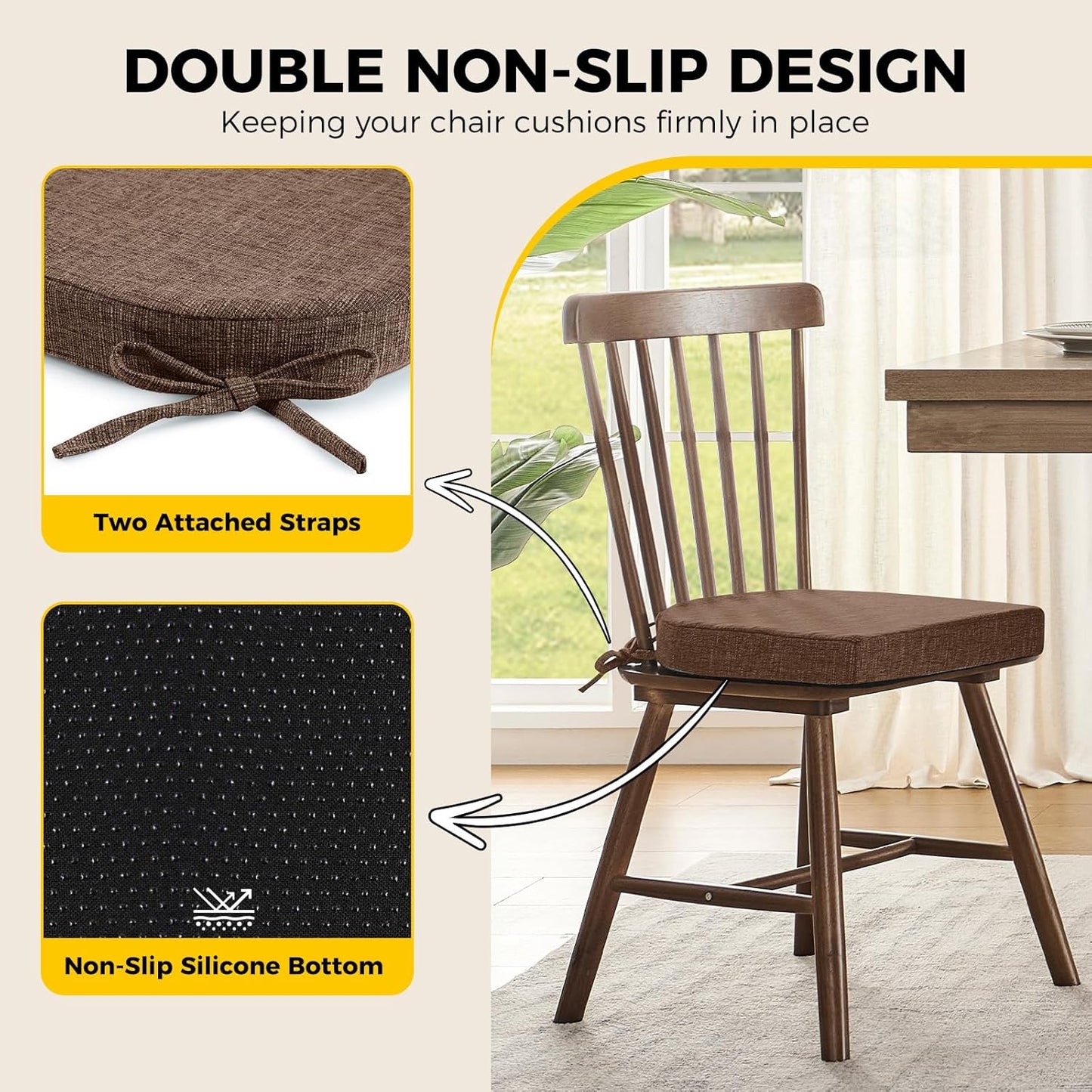 downluxe Indoor Chair Cushions for Dining Chairs, Soft and Comfortable Textured Foam Kitchen Chair Pads with Ties and Non-Slip Backing, 16" x 16" x 2", Brown, 4 Pack