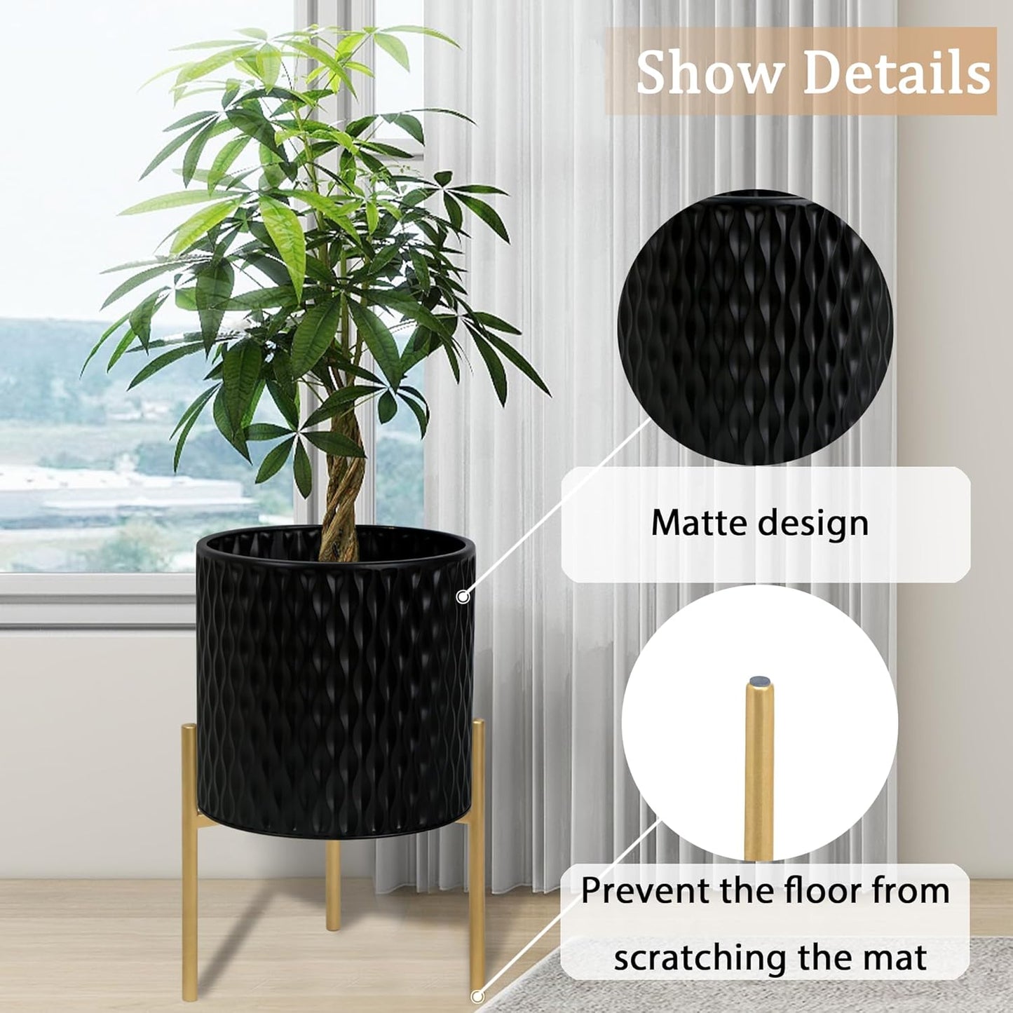 ARNIS Plants Pots with Stand, Set of 2 Planters, Unique Mid Century Decorative Metal Flower Pots with Drainage, 8.25 & 10.5 Inch, Black