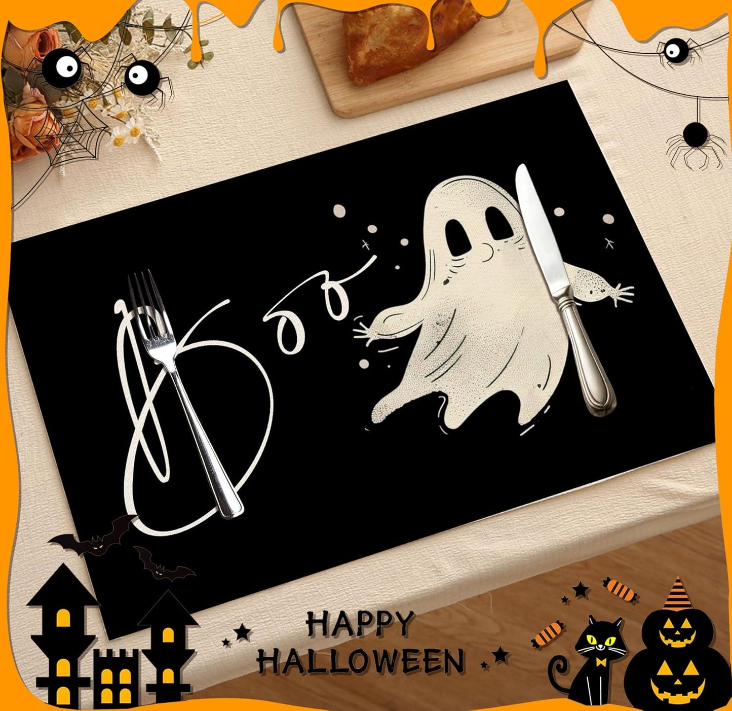 Funny Halloween Placemats Set of 4, 12x18 Inch Boo Decorative Table Mats, Washable Heat Resistant Place Mats for Kitchen Dining Table, Halloween Themed Decoration for Home-B03