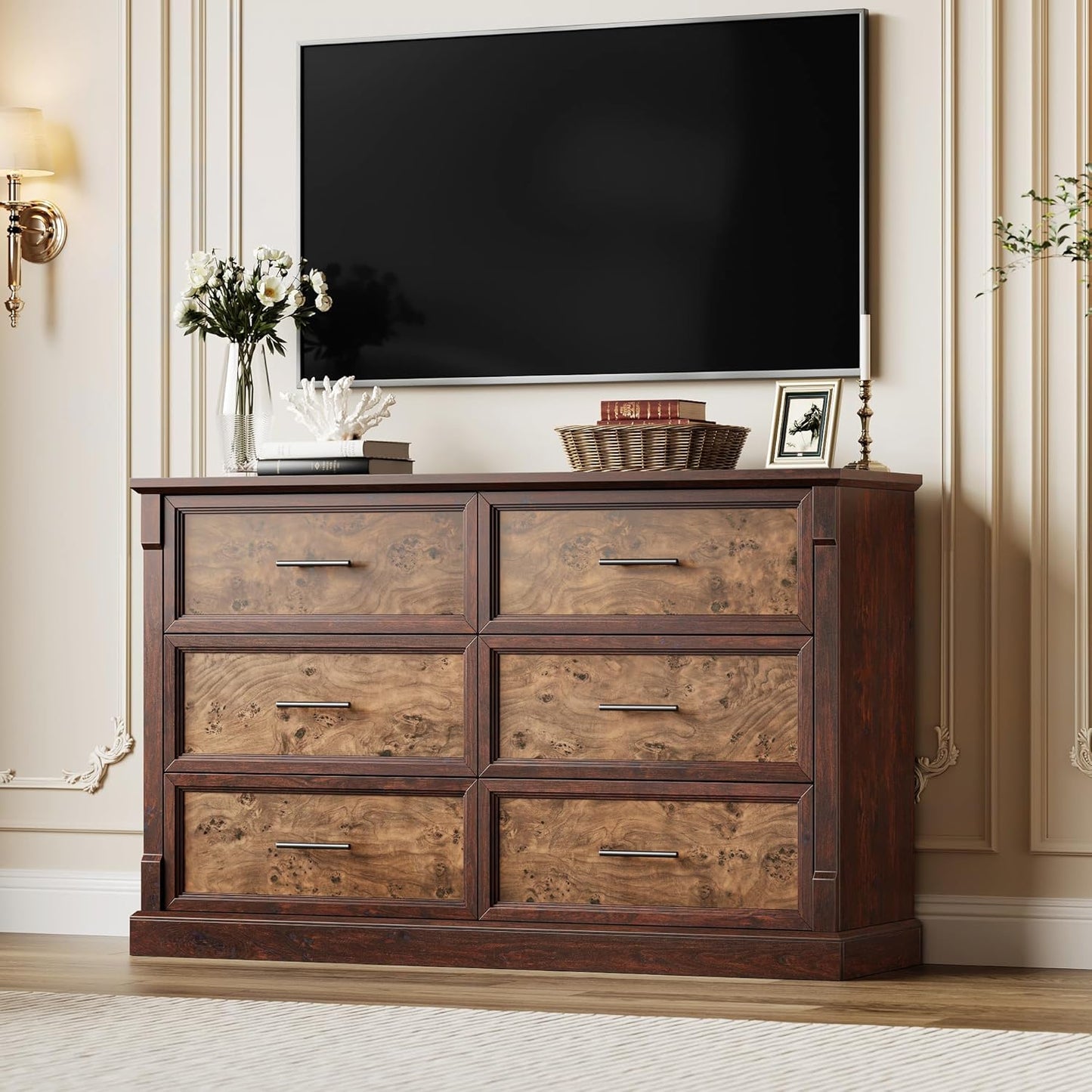 GAOMON Brown 6 Drawer Dresser for Bedroom, Farmhouse 47.2" Wide Chest of Drawers with Metal Handles, Rustic Double Wood Dresser, Storage Dressers Organizer for Living Room, Nursery