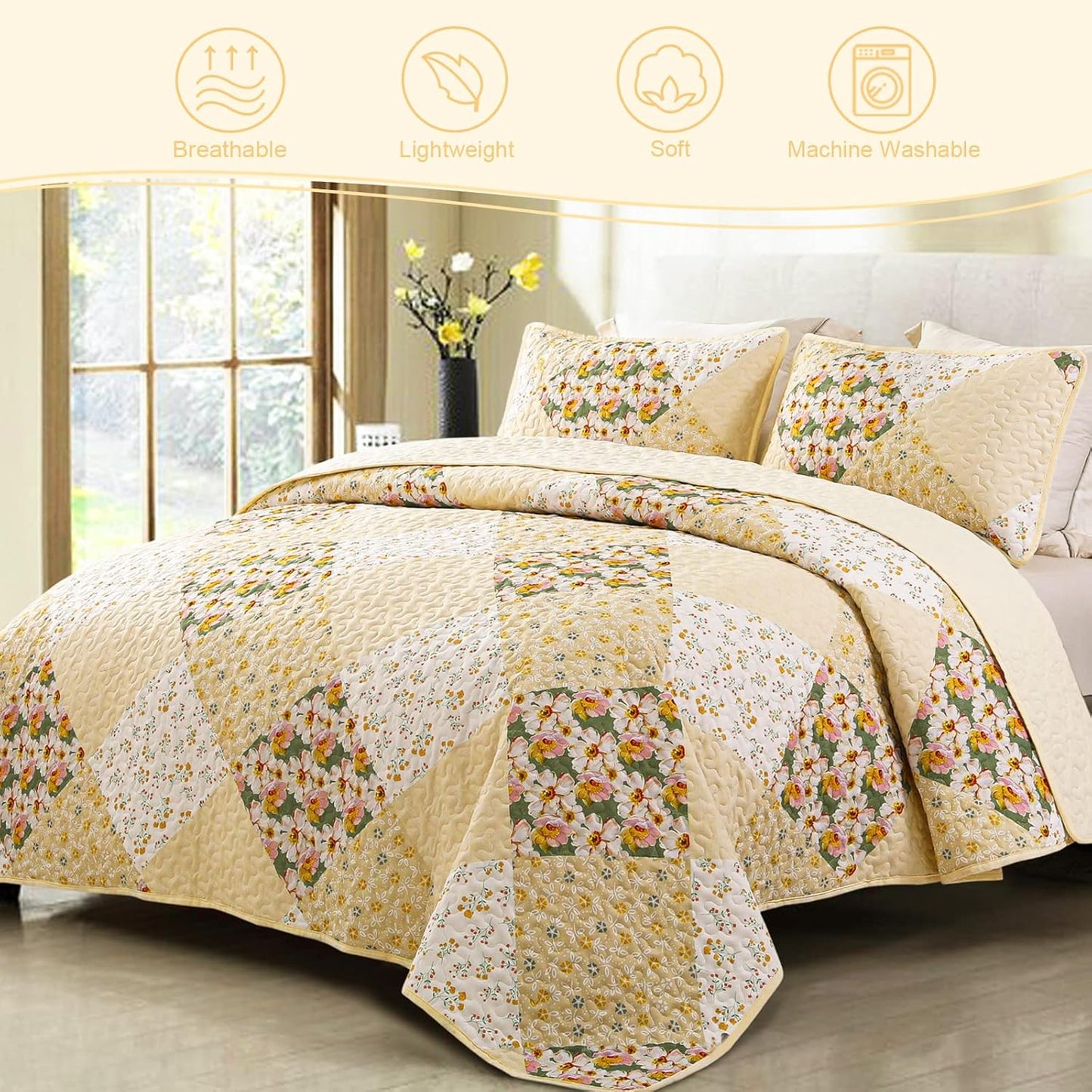 Exclusivo Mezcla Reversible Boho Quilt Set King Size, 3 Pieces Patchwork Yellow All Season Bedspreads, Ultra Soft Floral Coverlet Bedding Set with Printed Pattern (1 Quilt, 2 Pillow Shams)