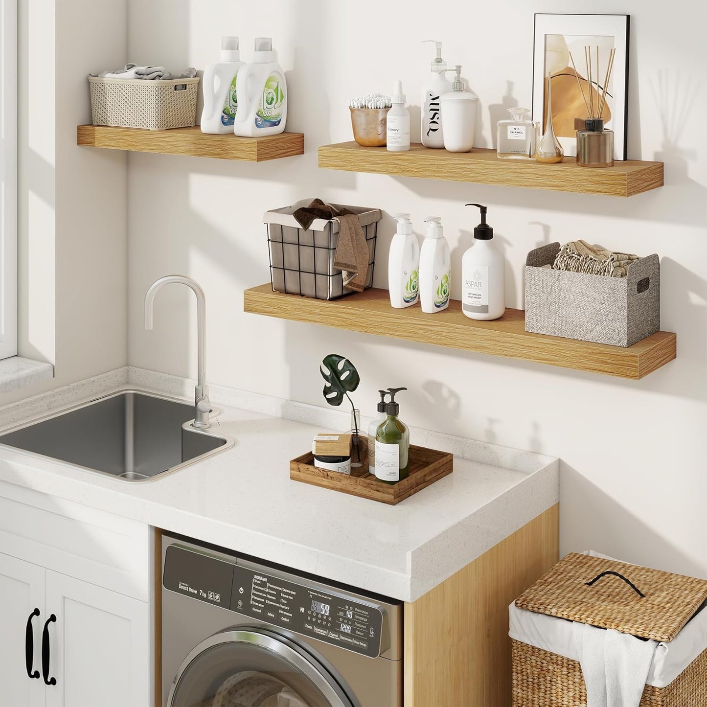 fuqing Floating Shelves for Wall, Bathroom Shelf Wall Mounted for Storage, Shelves with Invisible Bracket for Bedroom, Kitchen, Living Room, Farmhouse Small Book Shelf, 36 Inch Set of 2, Oak