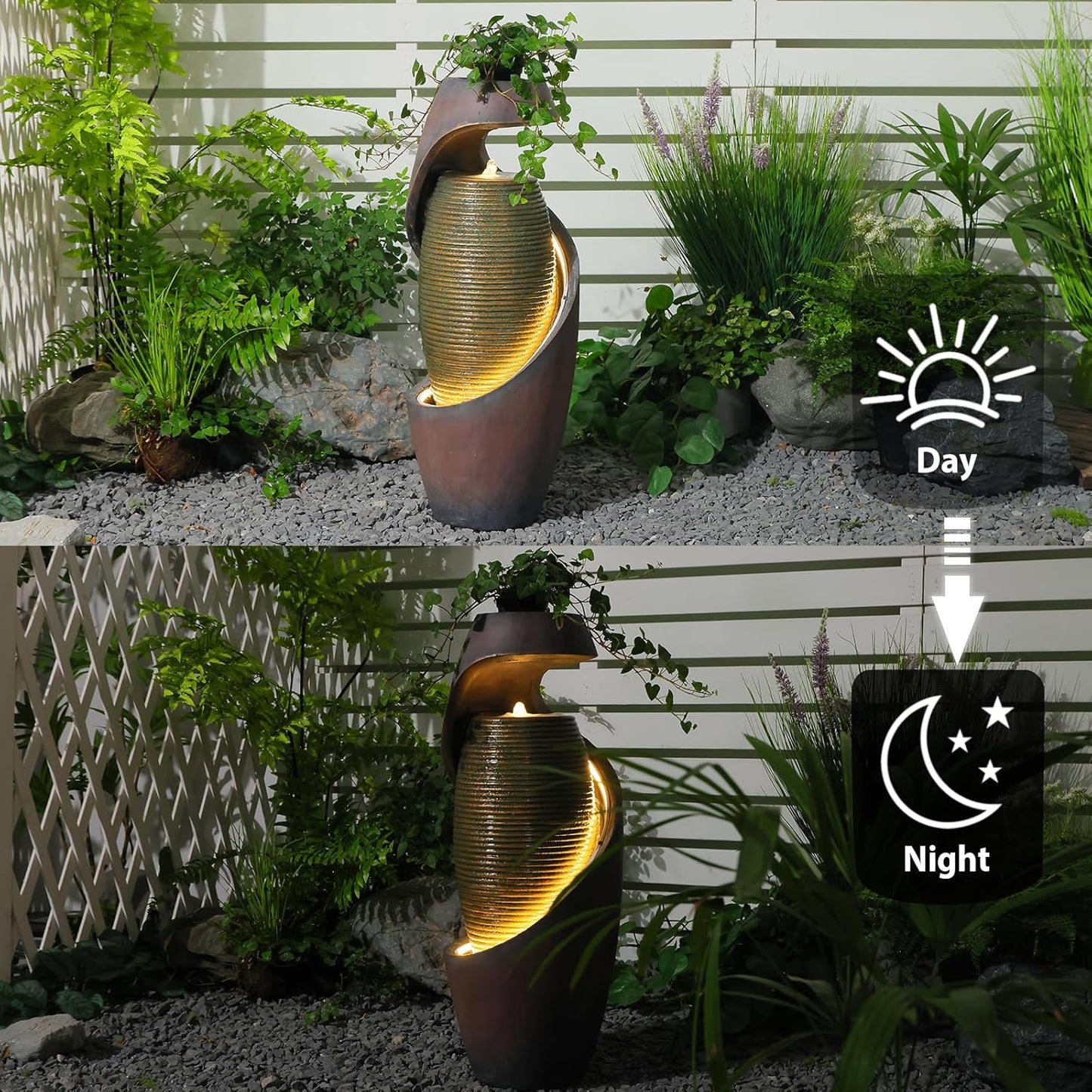 29.5’’H Modern Outdoor Fountain - Curved Spiral Waterfall Indoor/Outdoor with LED Light & Planter Bowl, Resin Garden Fountains for Patio, Yard, Backyard, Porch, Home Art Decor, 11.8" L x 11.8" W