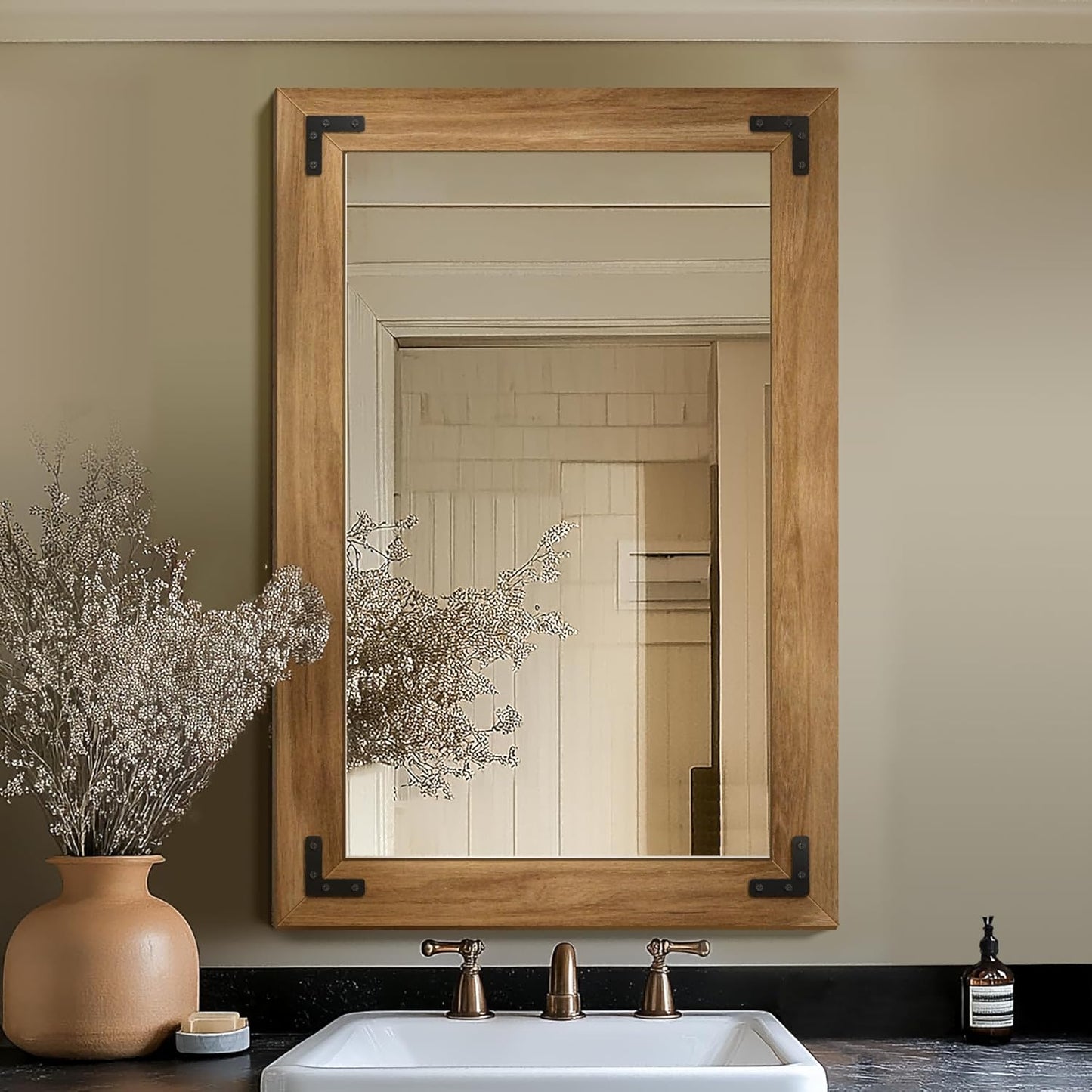Bathroom Mirror for Wall with Wooden Frame, 36"x24" Solid Wood Vanity Mirror for Farmhouse, Bathroom, Bedroom Decor, Vertical or Horizontal Hanging