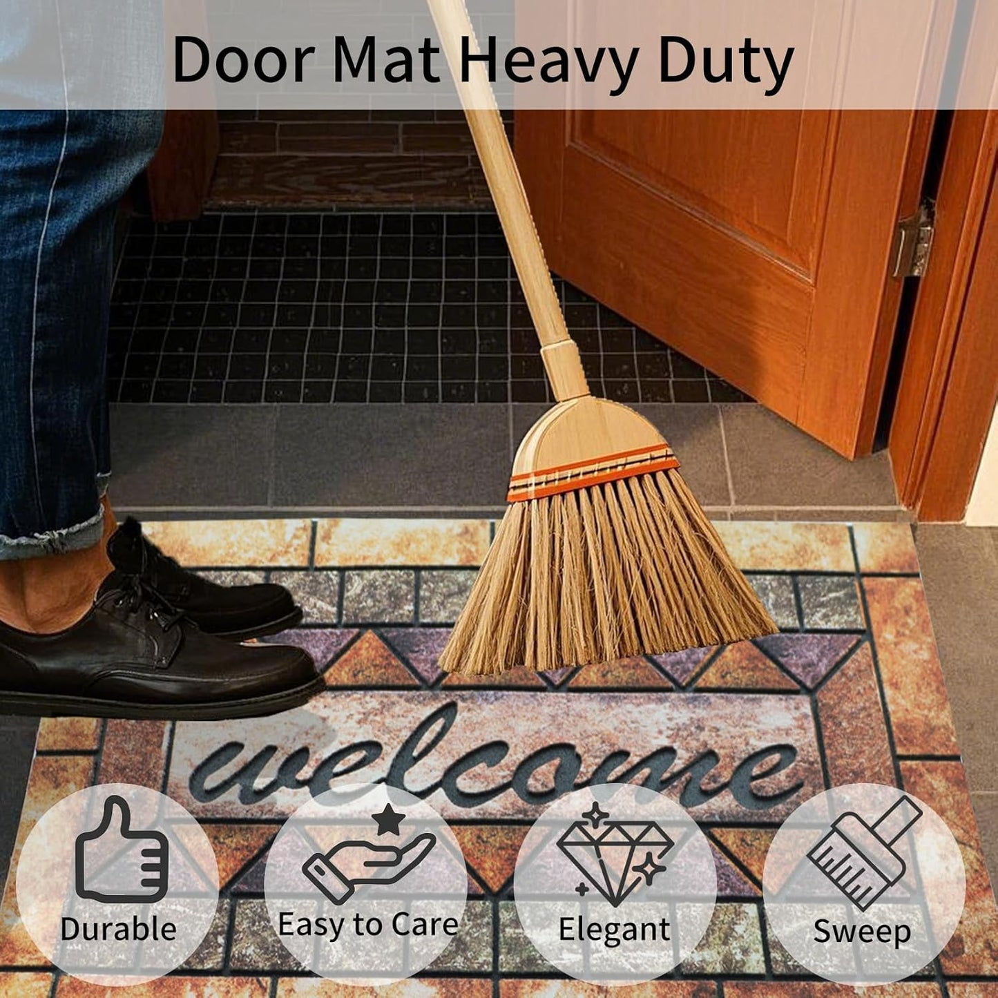 Door Mat Welcome Mat, Heavy Duty Door Mat 23.6 x 35.4 Inch Front Door Mat Rug Doormat for Outdoor Entrance Home Non-Slip Rubber Rug for Front Door, Outside, Entryway, Patio (Brown Welcome)