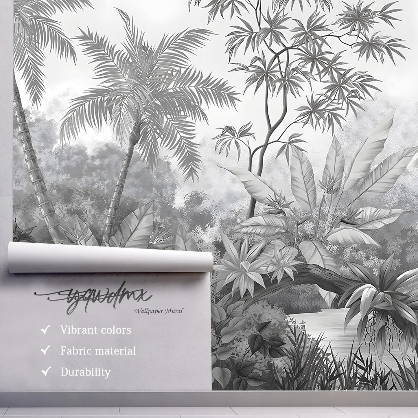 -Grey Rainforest Leaves Fabric Wallpaper Bedroom XT11 M 140" x 91"