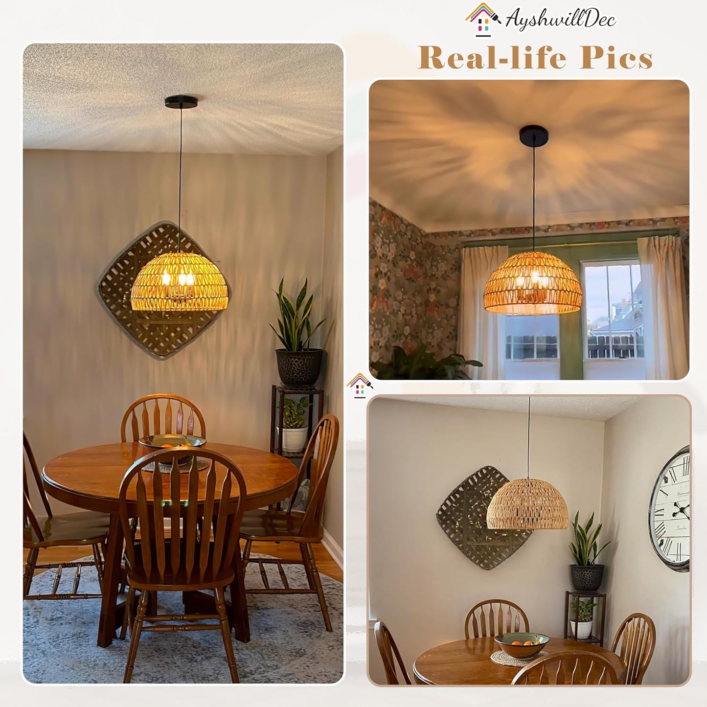 17.6 inch Hemp Rope Woven Pendant Light Wicker Pendant Light 3-light Rattan Light Fixture Boho Chandelier Farmhouse Chandelier Dome Pendants Light for Dining Room Bedroom Kitchen(Bulb Incl