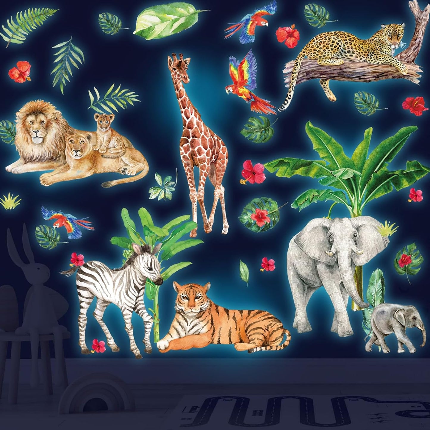 Glow in The Dark Jungle Animals Wall Decals,Glowing Luminous Safari Animals Wall Stickers Removable self-Adhesive Forest Tiger Elephant Palm Trees Decals for Boys Girls Bedroom Kids Nursery Decoration